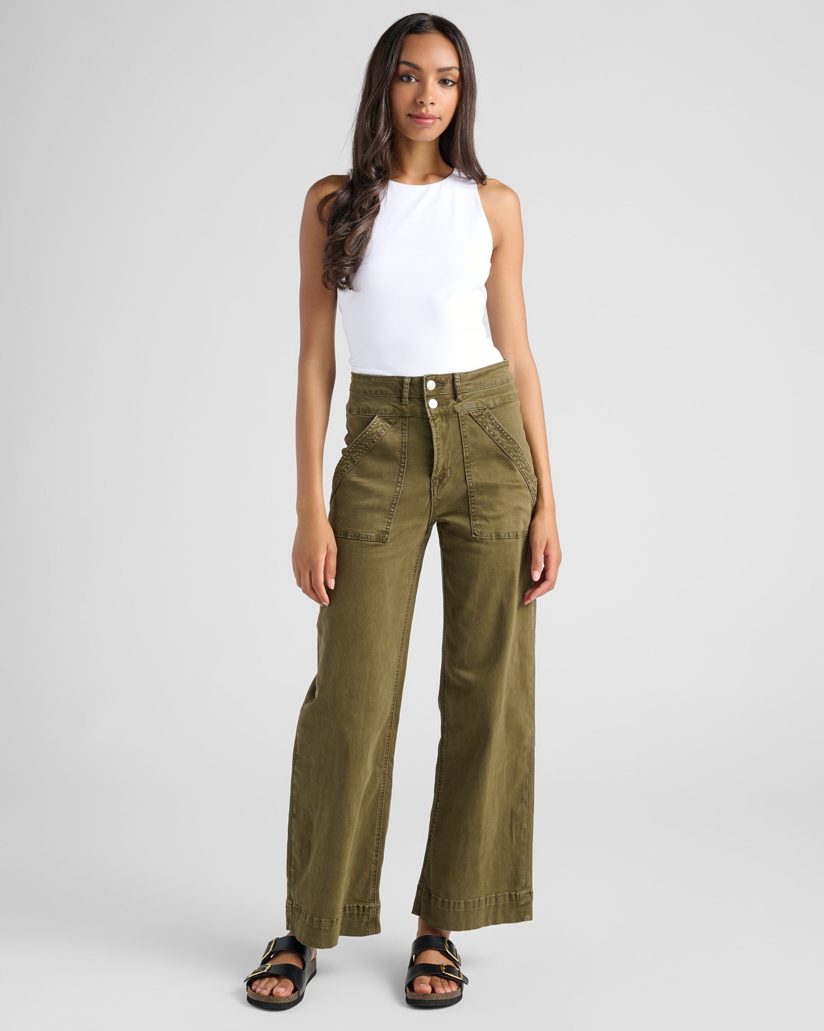 Fern Green $|& Mica Denim Super High Rise Double Waistband Wide Leg Trouser - SOF Full Front