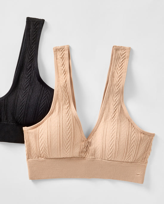 Black/Porcelain $|& Capezio Textured V-Neck Bra 2 Pack - Hanger Detail
