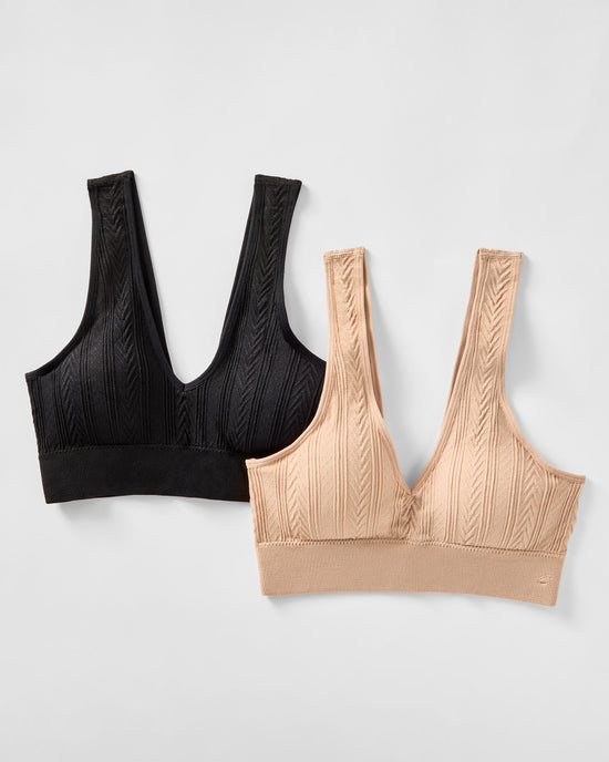 Black/Porcelain $|& Capezio Textured V-Neck Bra 2 Pack - Hanger Detail