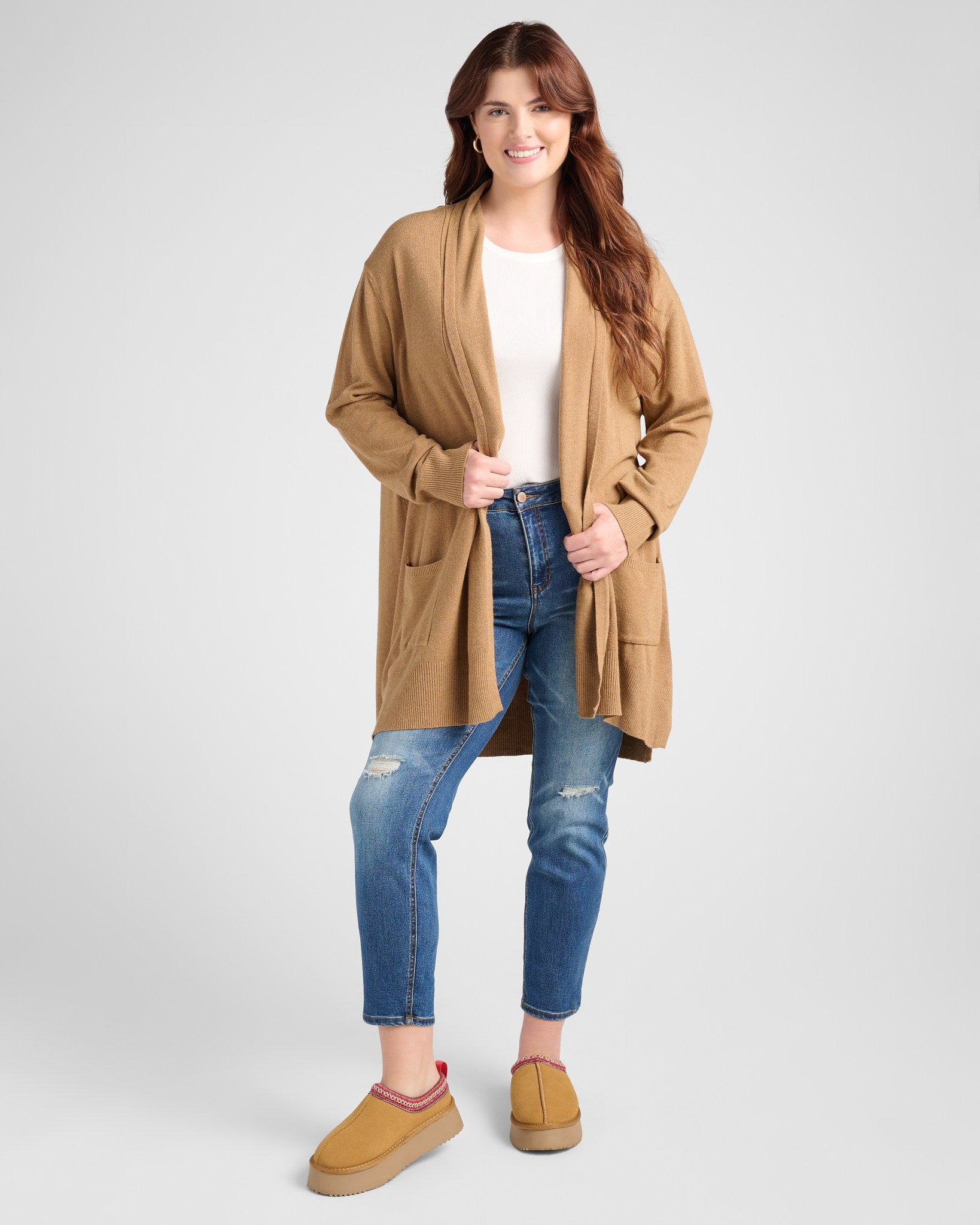 Heather Latte $|& Dreamers Open Long Line Cardigan withPockets - SOF Front