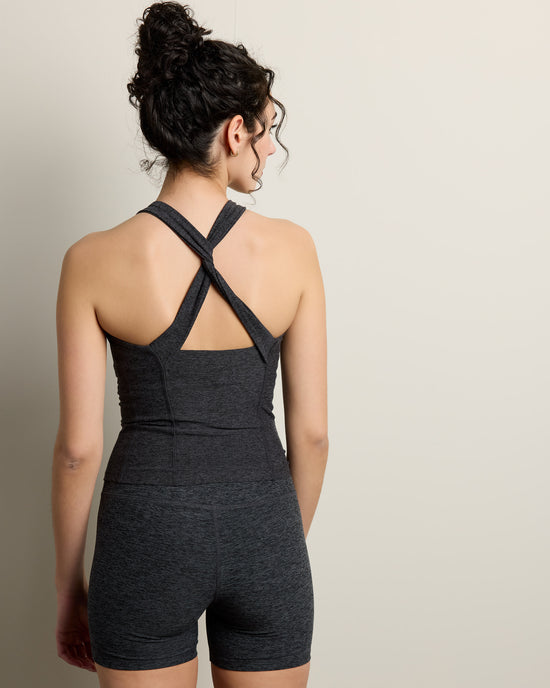 Heather Charcoal $|& Interval Flair Twist Back High Hip Tank - SOF Back