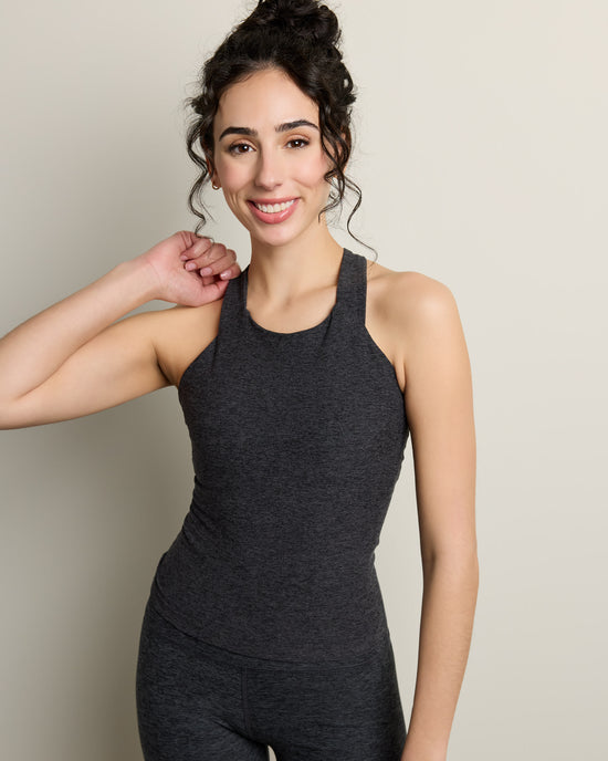 Heather Charcoal $|& Interval Flair Twist Back High Hip Tank - SOF Front