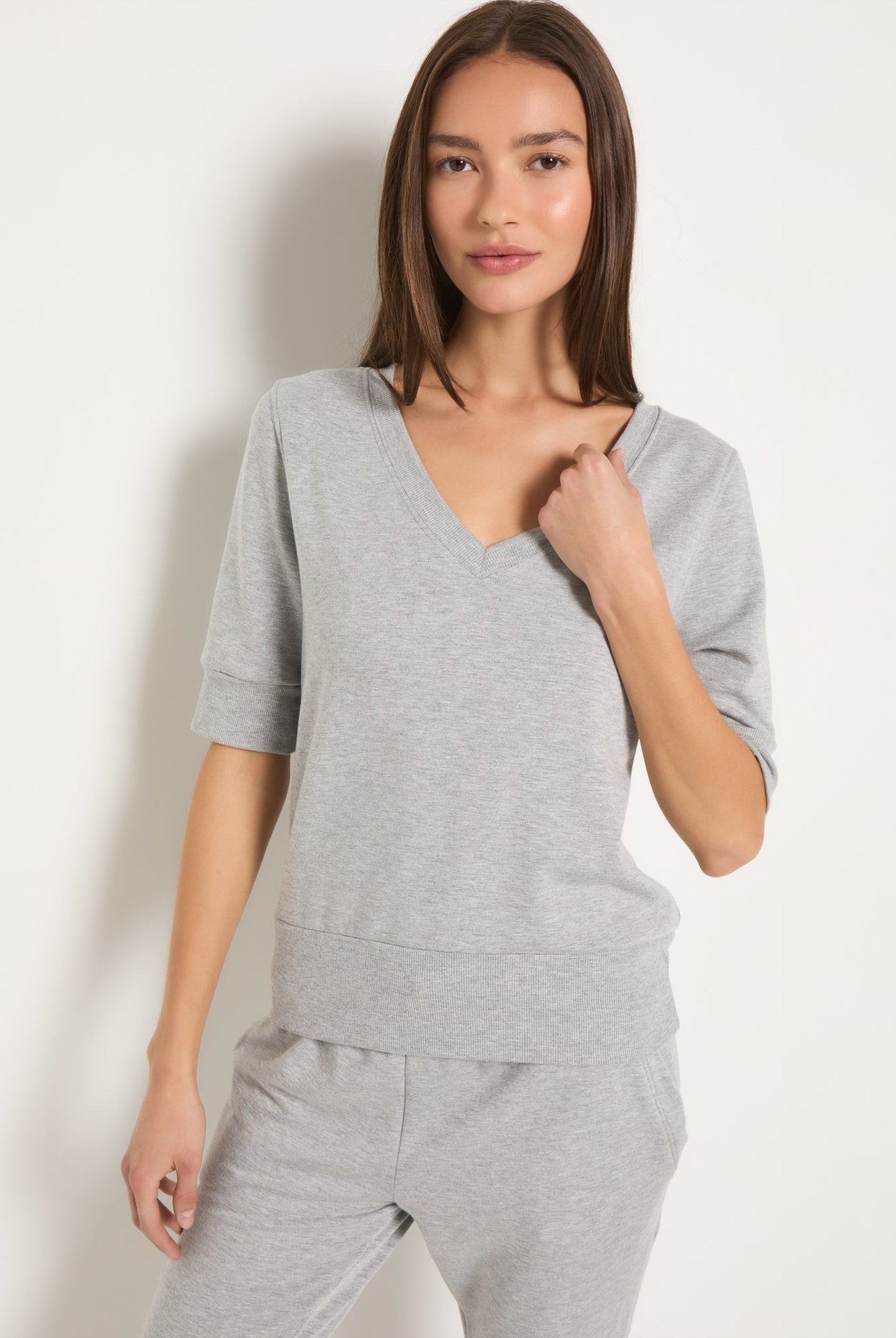 Heather Grey $|& Interval Flex Fleece Short Sleeve Top - SOF Front