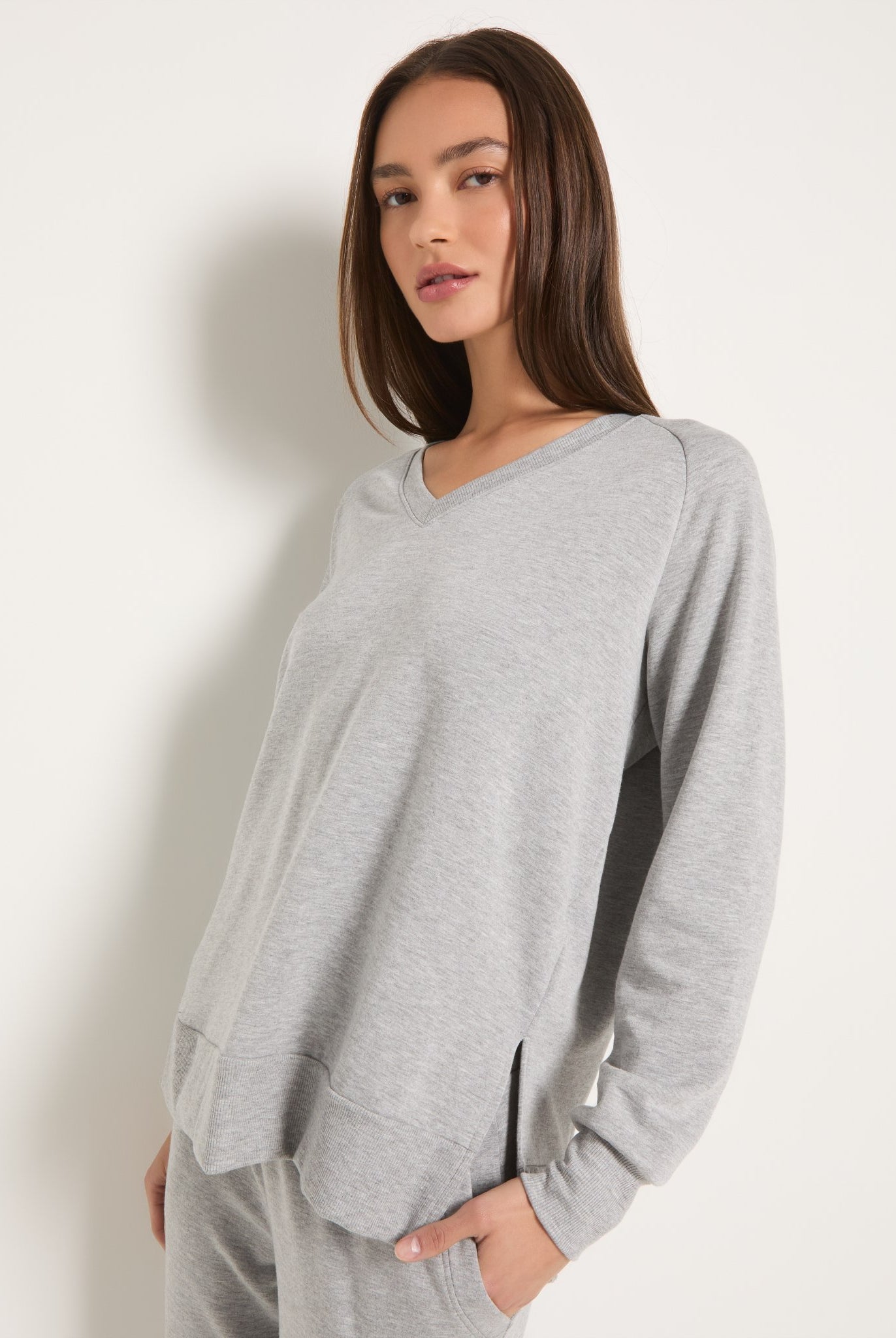 Heather Grey $|& Interval Flex Fleece V-Neck Top - SOF Front