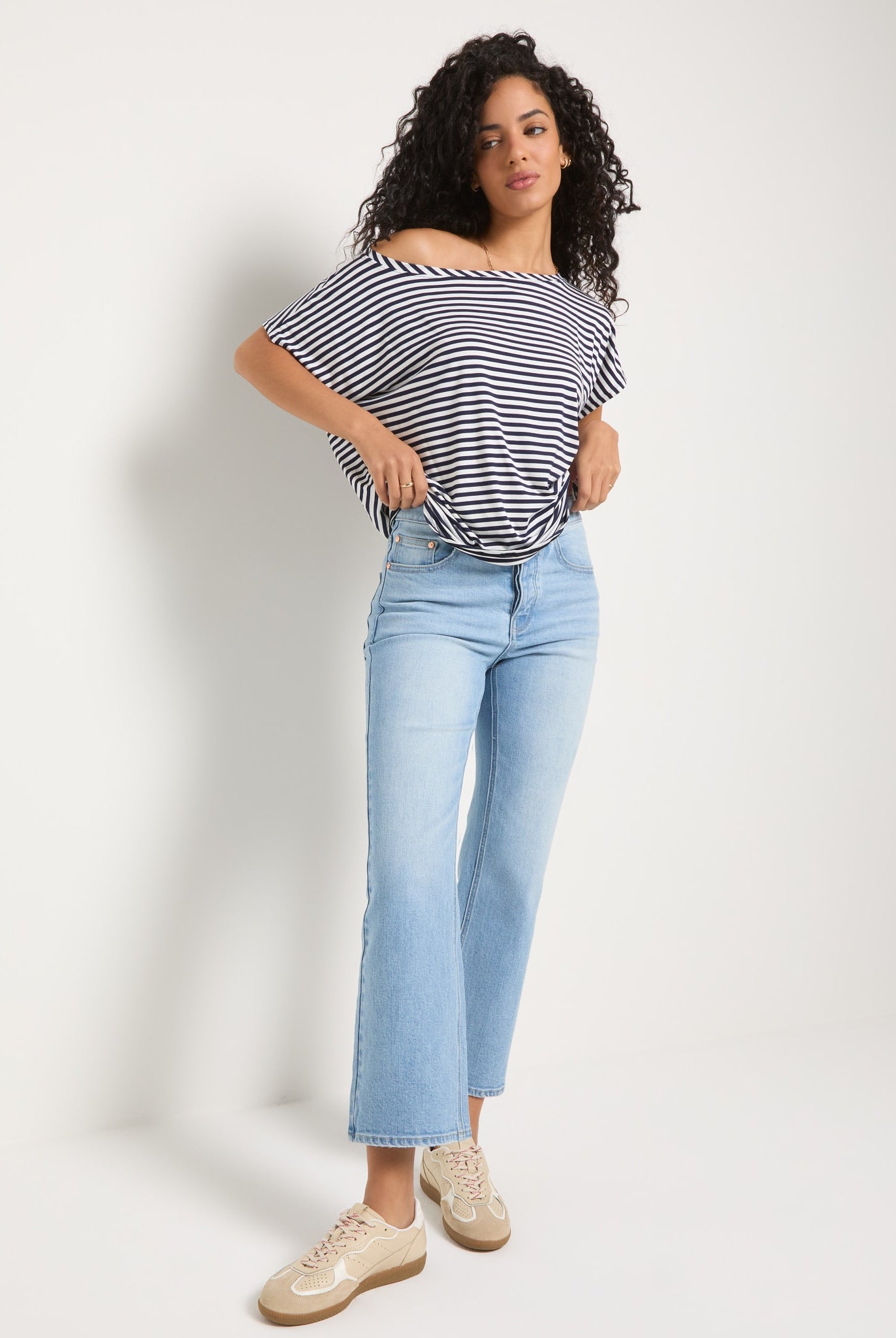 Mariner Midnight Stripe $|& SEAS Edgewater Off The Shoulder Tee - SOF Front