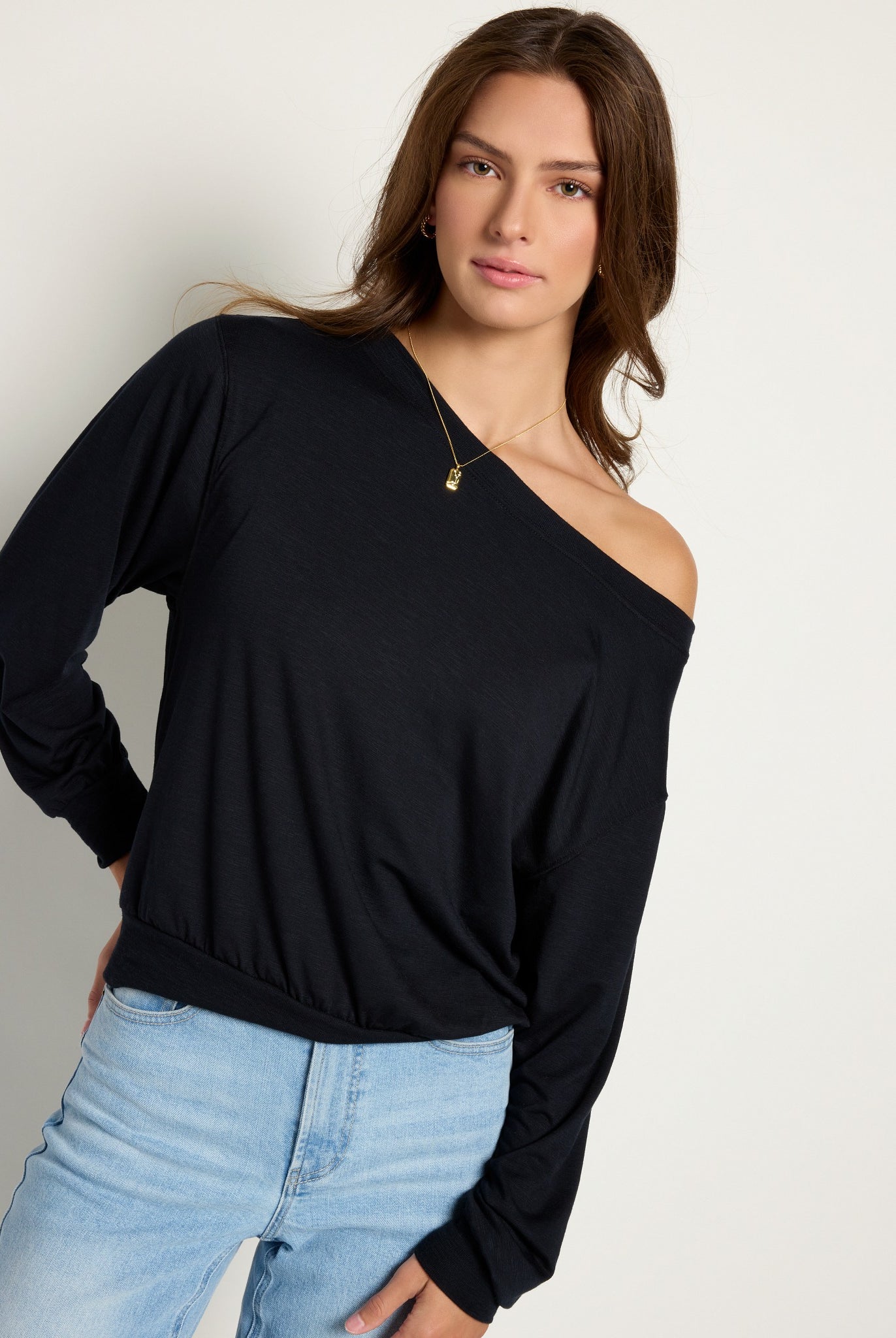 Black $|& SEAS Brooksville Slub Off The Shoulder Top - SOF Front