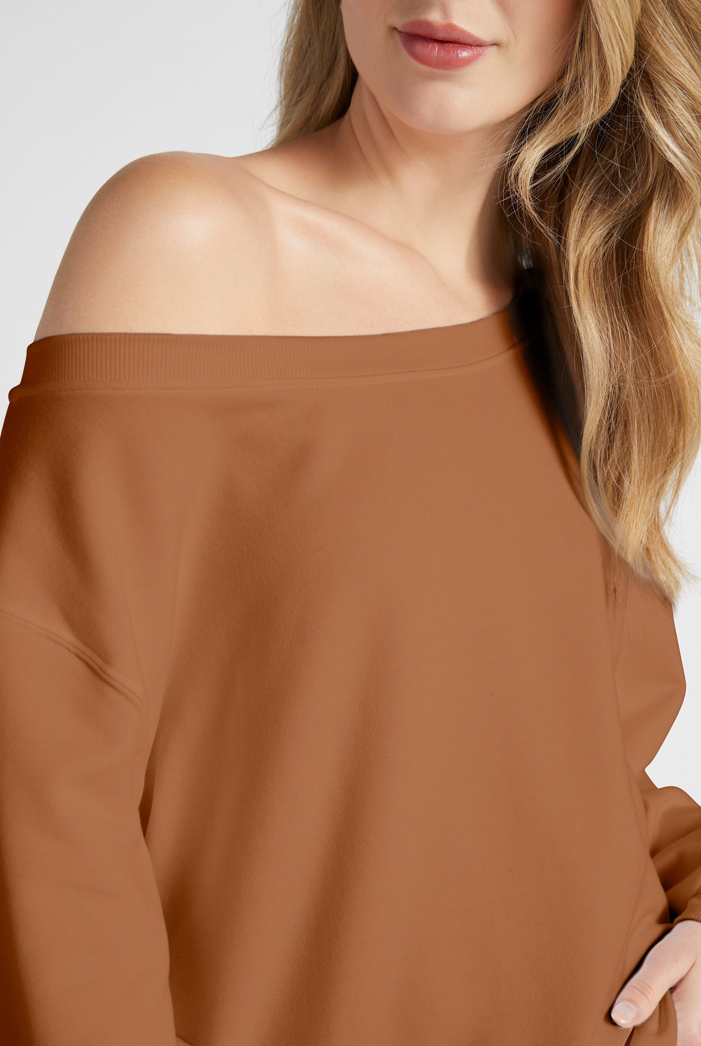 Camel $|& SEAS Brooksville One Shoulder Sweatshirt - SOF Full Front