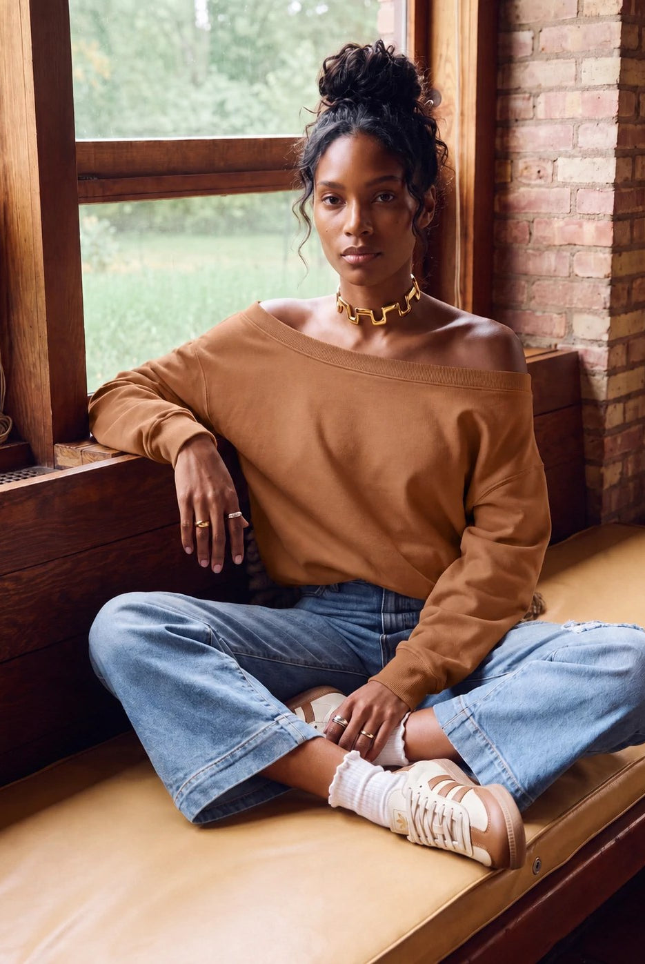 Camel $|& SEAS Brooksville One Shoulder Sweatshirt - SOF Side