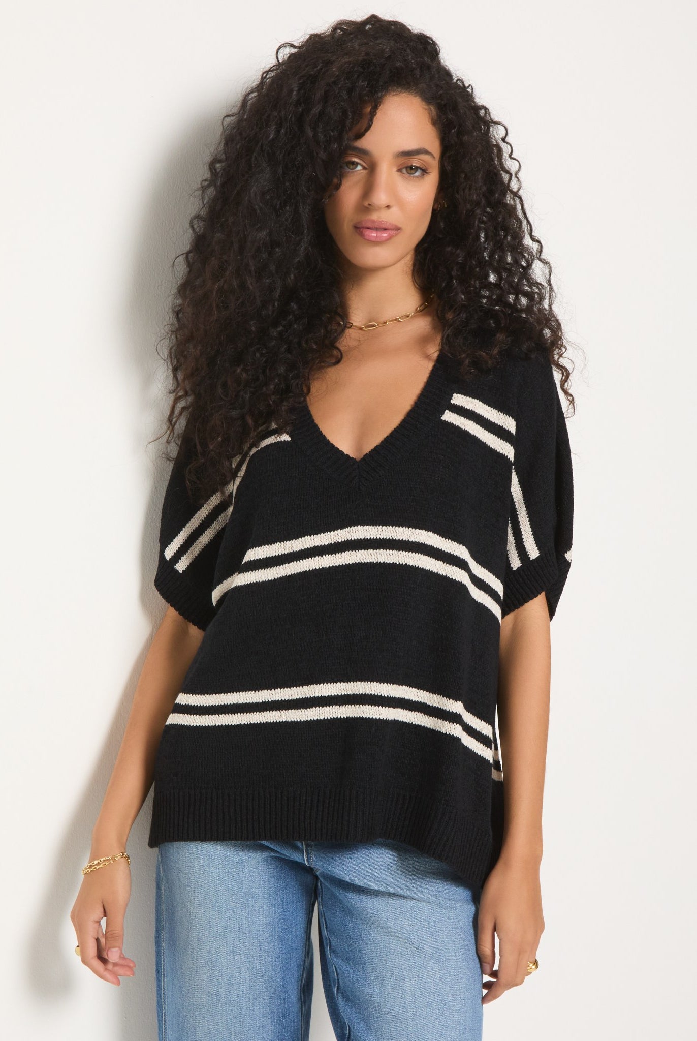 Black Stripe $|& SEAS Wavetide Stripe V-Neck Sweater Tee - SOF Front