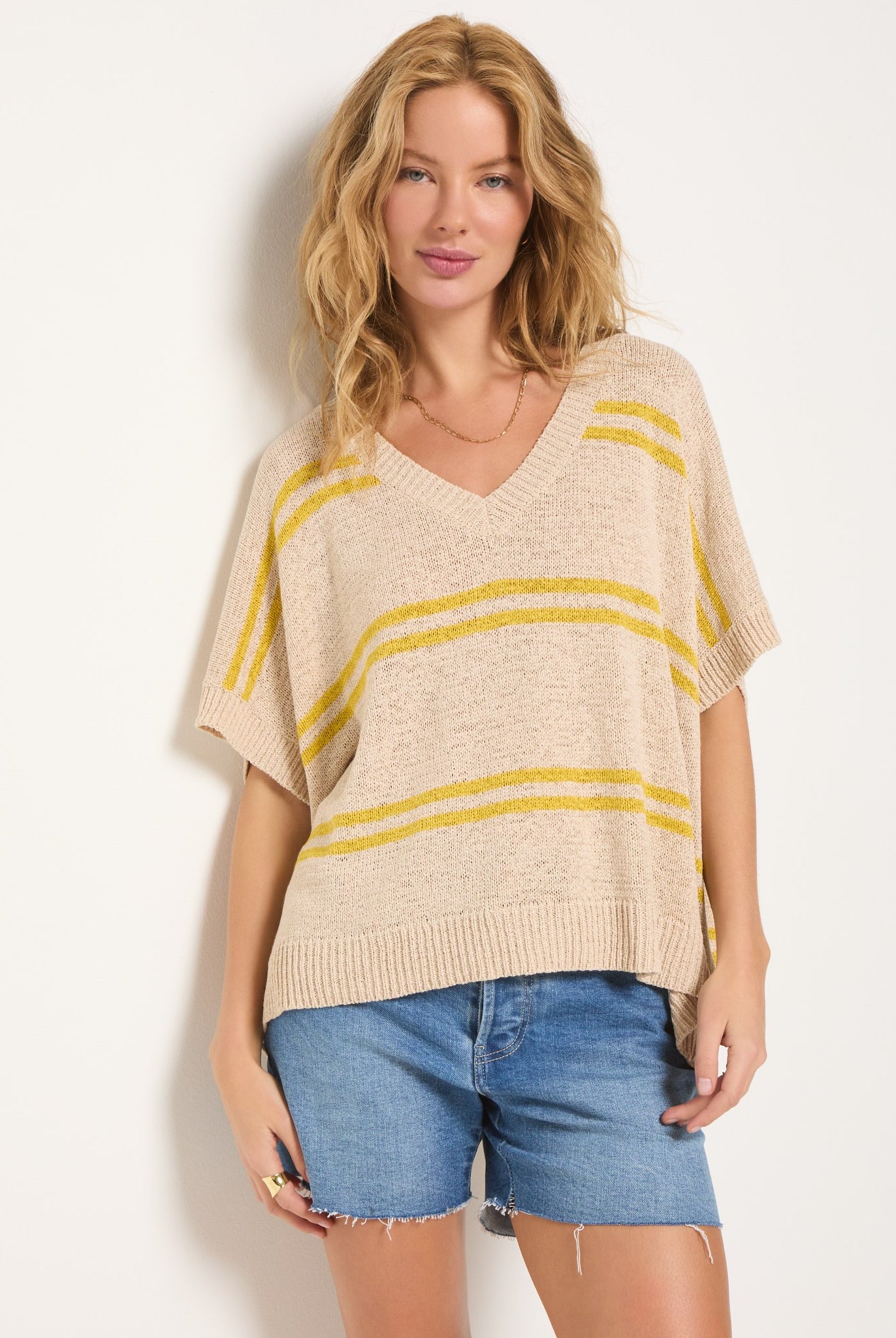 Birch Stripe $|& SEAS Wavetide Stripe V-Neck Sweater Tee - SOF Front