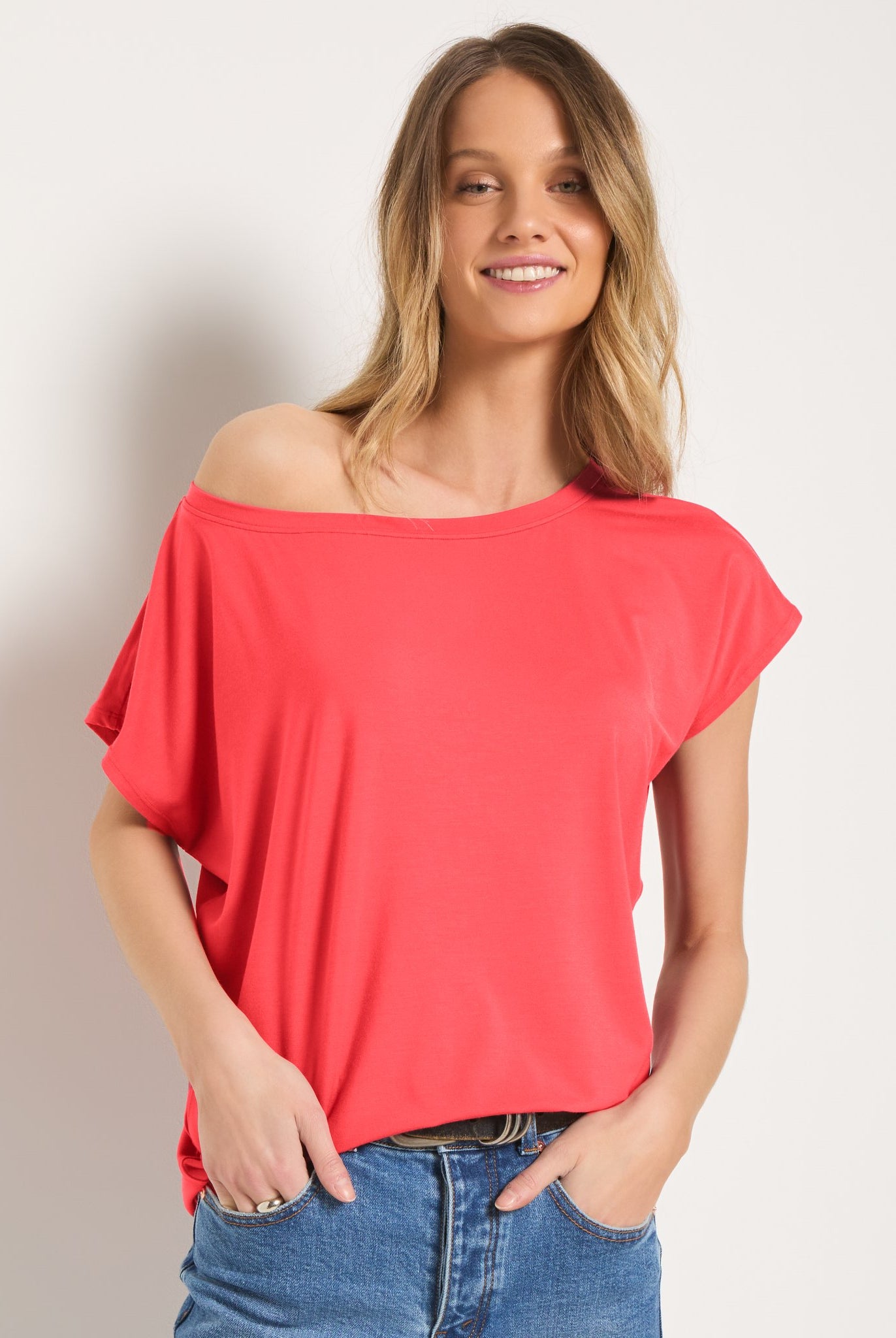 Coral $|& SEAS Edgewater Off The Shoulder Tee - SOF Back
