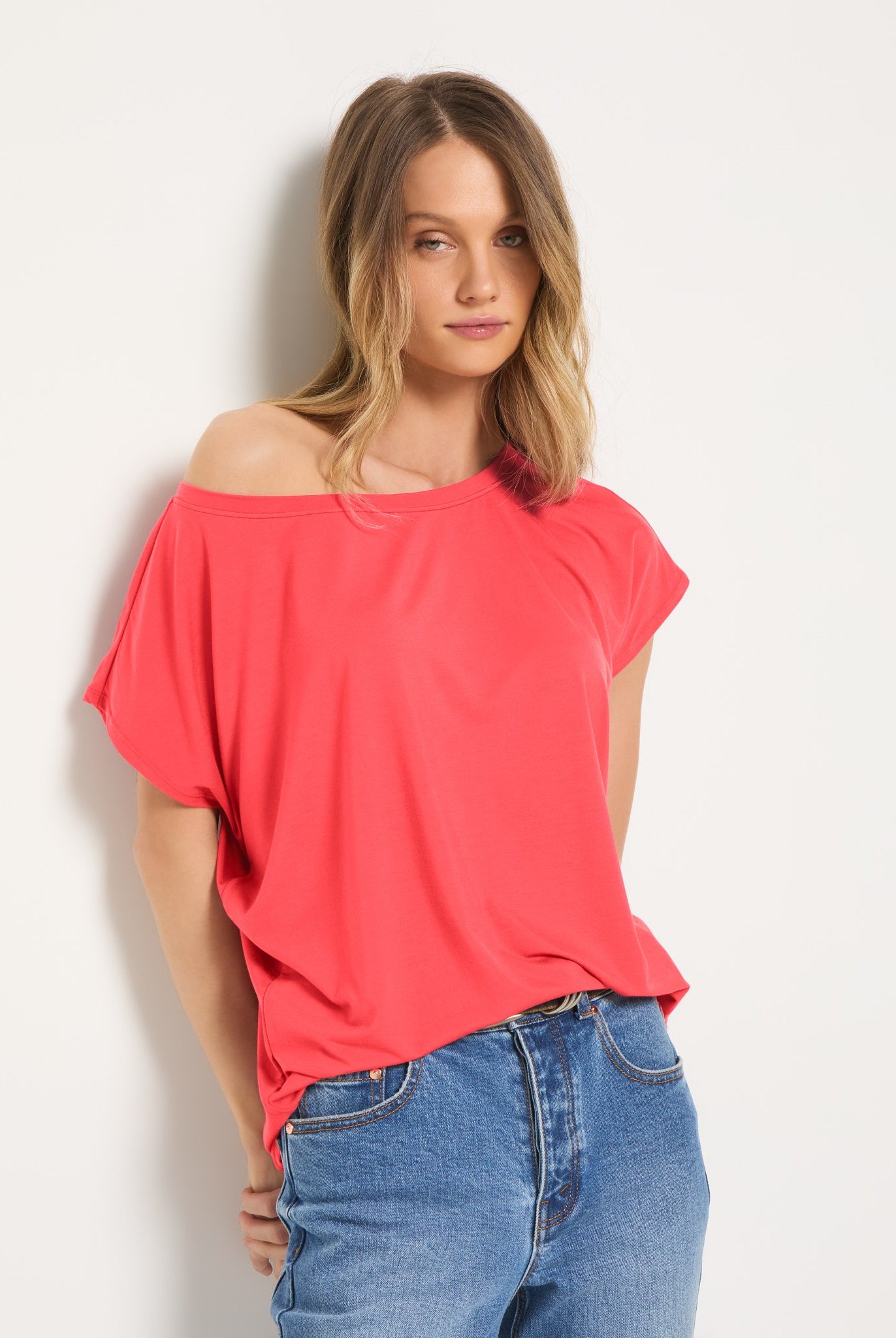 Coral $|& SEAS Edgewater Off The Shoulder Tee - VOF Front