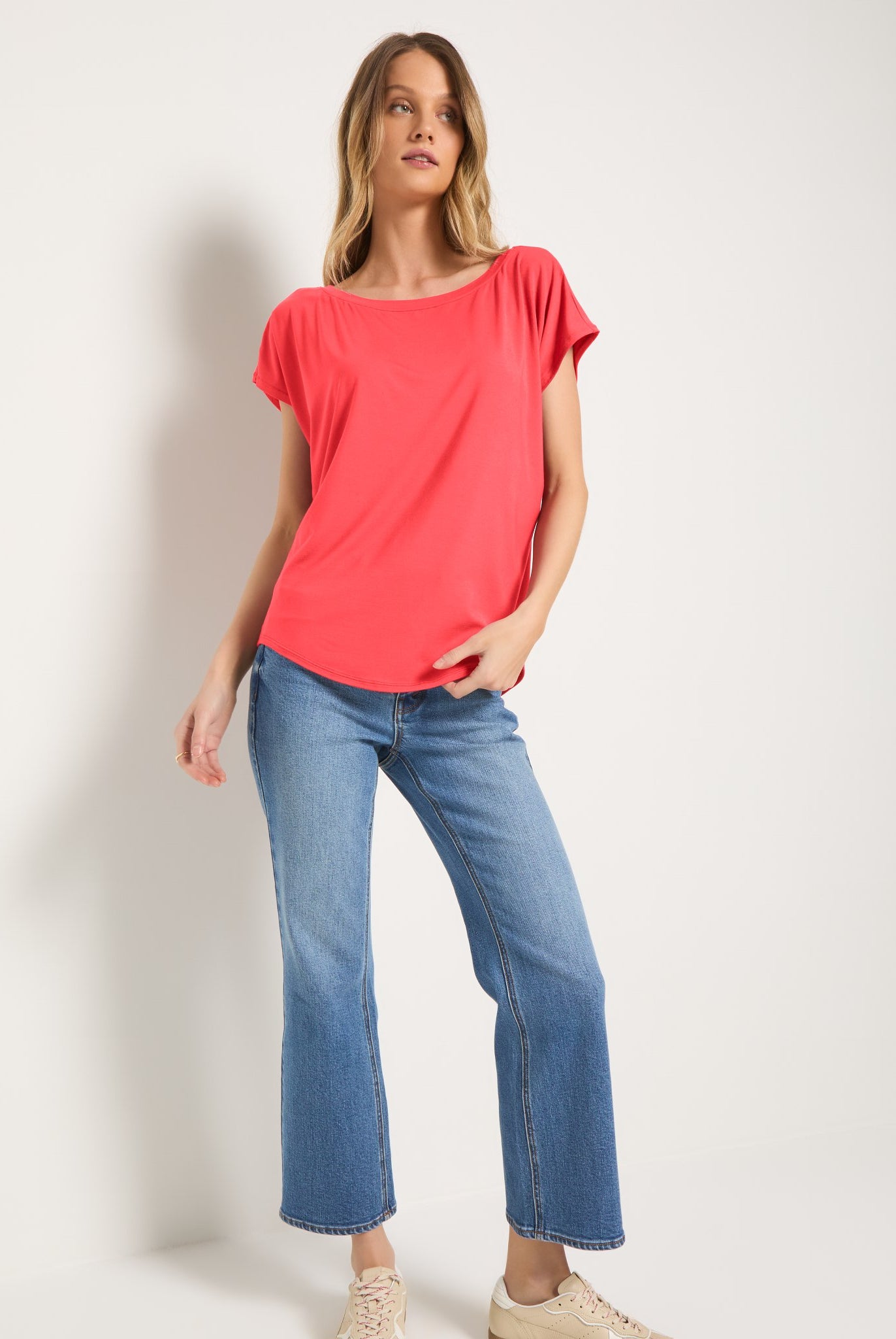 Coral $|& SEAS Edgewater Off The Shoulder Tee - SOF Front
