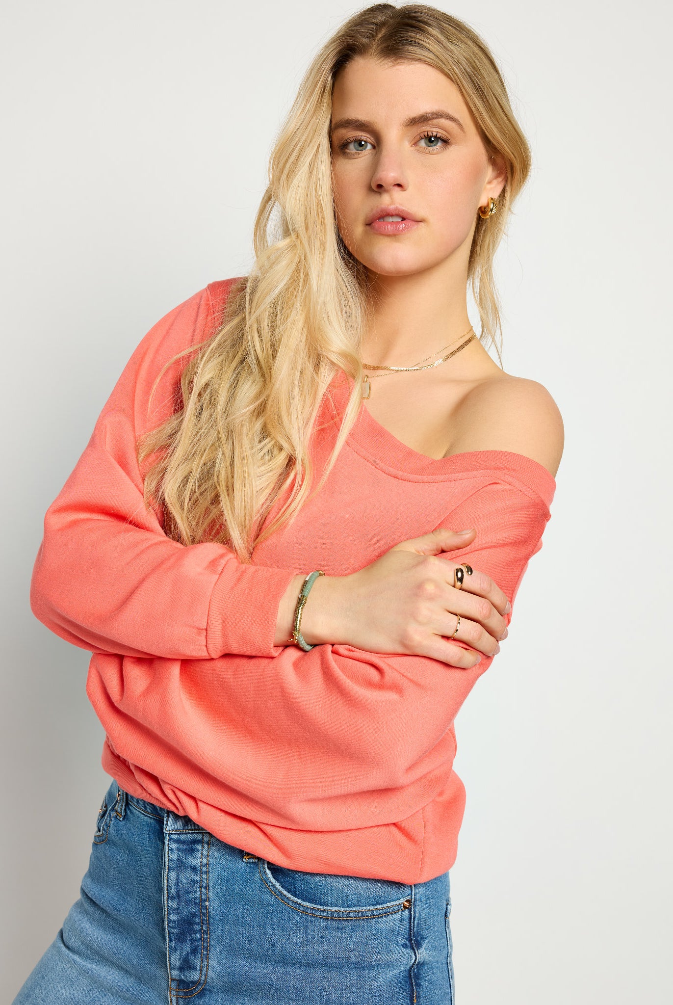 Coral $|& SEAS Brooksville One Shoulder Sweatshirt - SOF Front