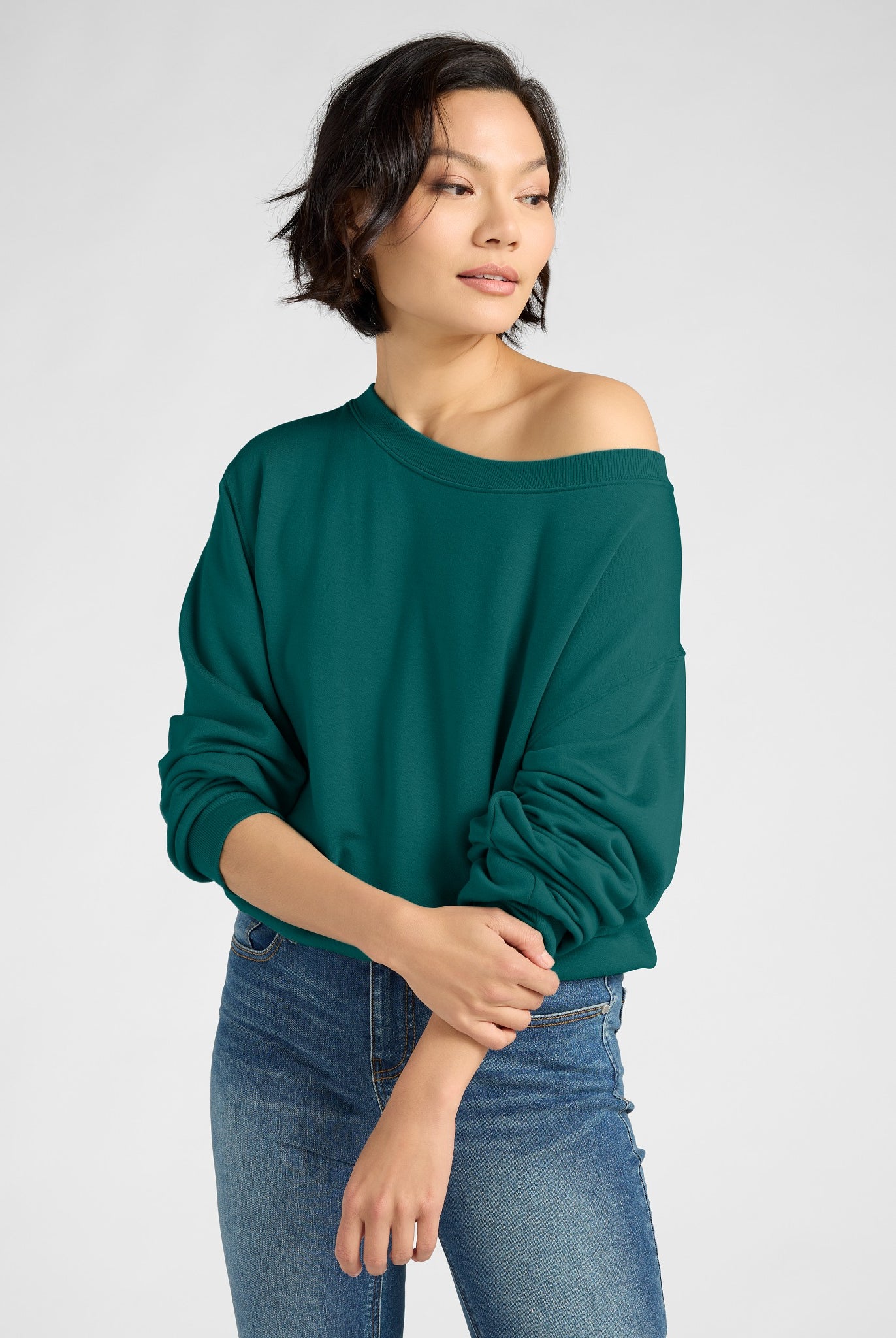 Deep Teal $|& SEAS Brooksville One Shoulder Sweatshirt - SOF Front