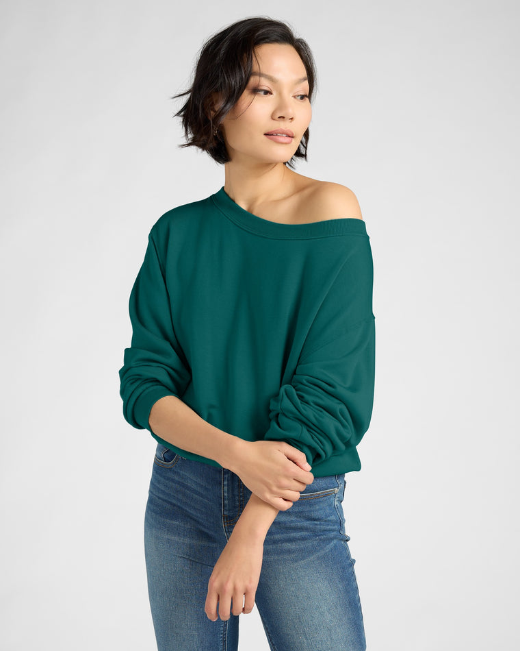 Deep Teal $|& SEAS Brooksville One Shoulder Sweatshirt - SOF Front