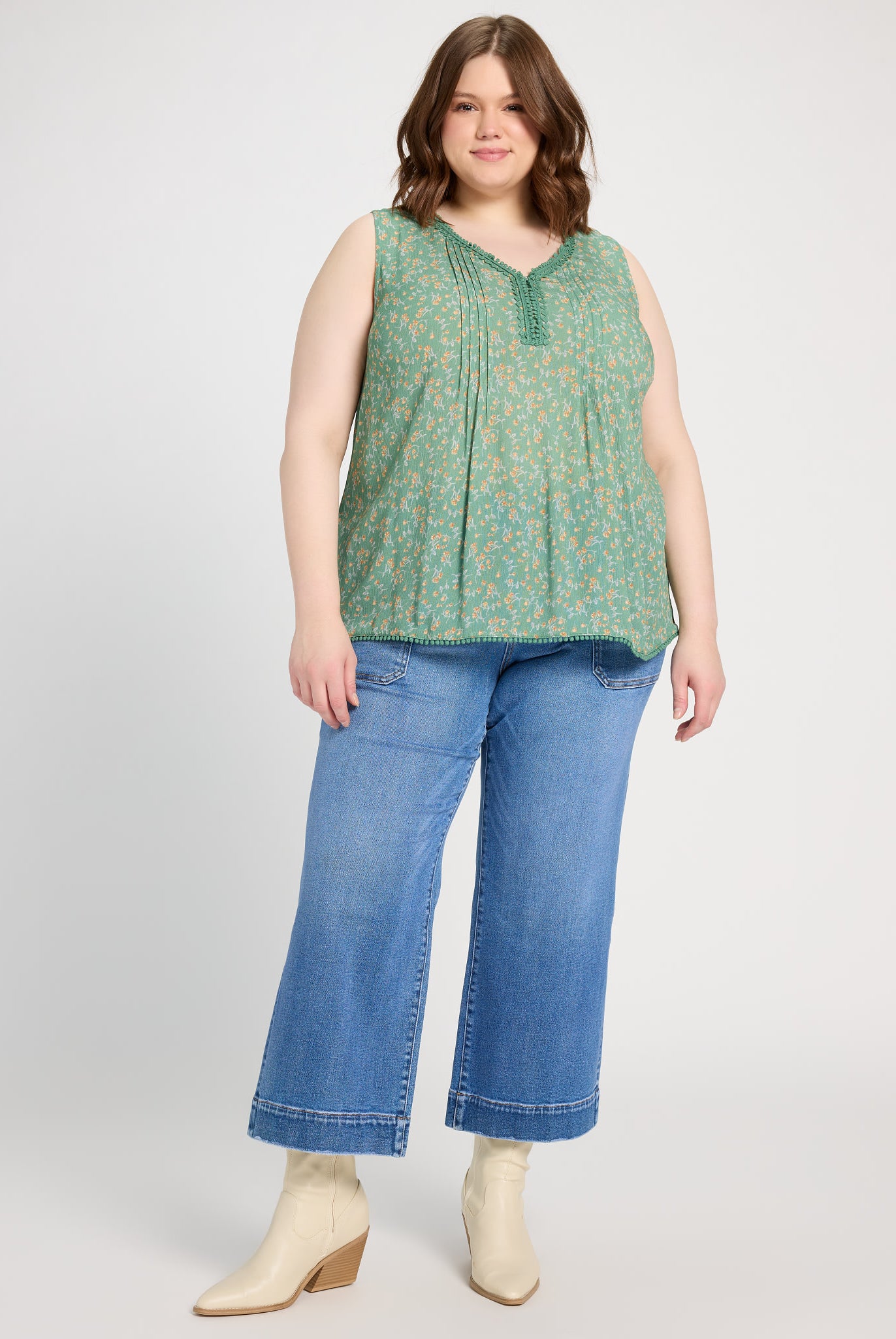 Sage/Multi $|& Skies Are Blue Flower Print Trim Detail Blouse - UGC On Fig