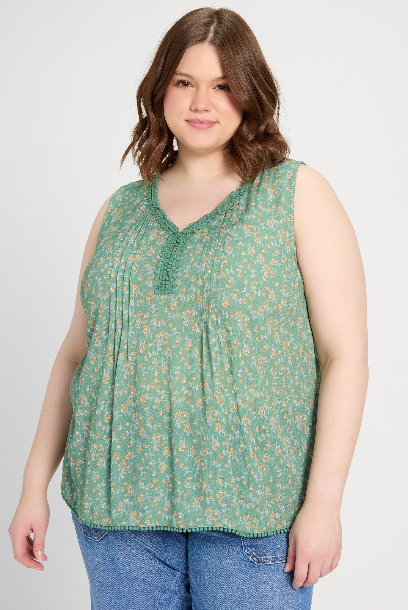 Sage/Multi $|& Skies Are Blue Flower Print Trim Detail Blouse - SOF Front