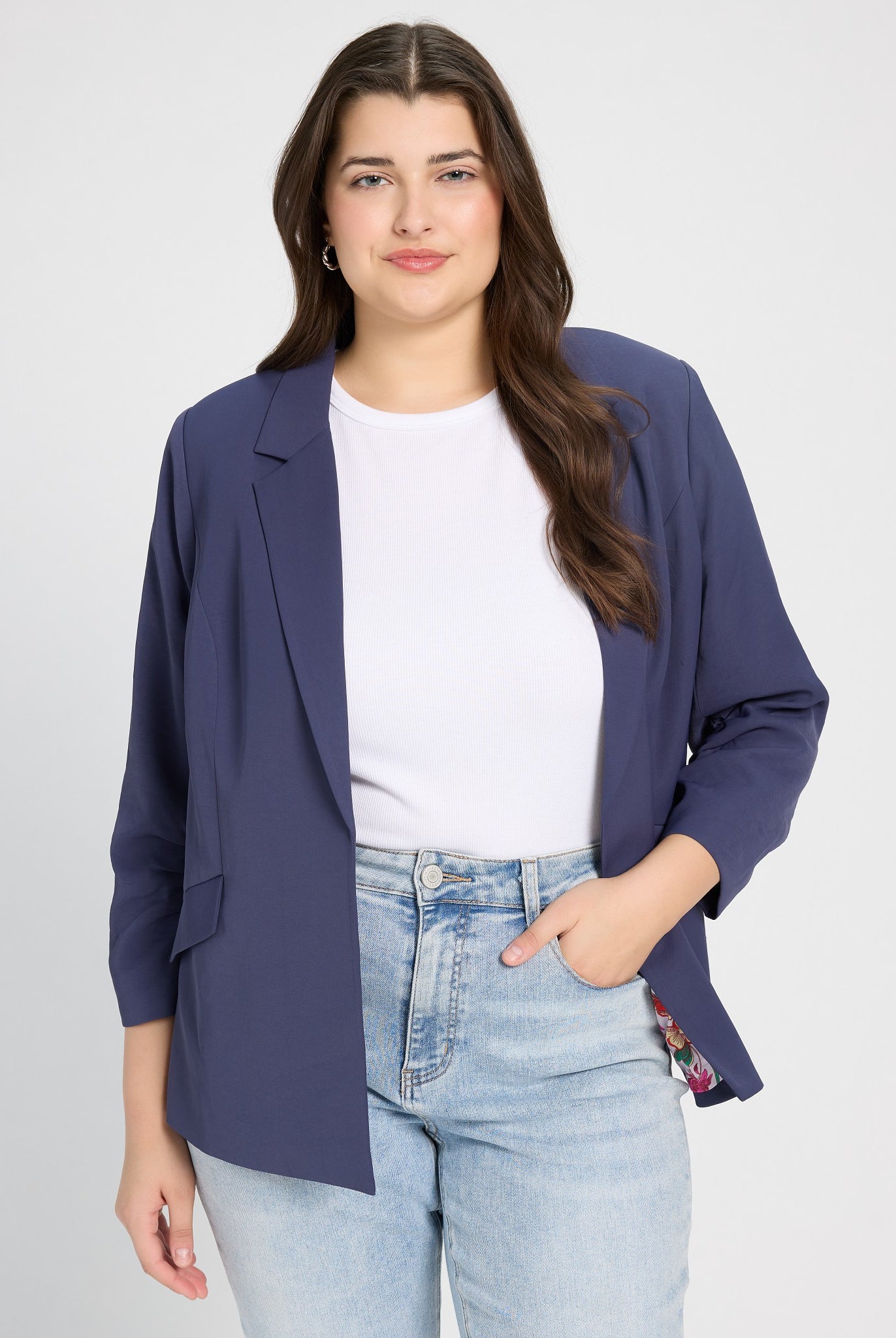 Oxford Blue $|& Skies Are Blue Recycled Shirred Sleeve Blazer - SOF Front