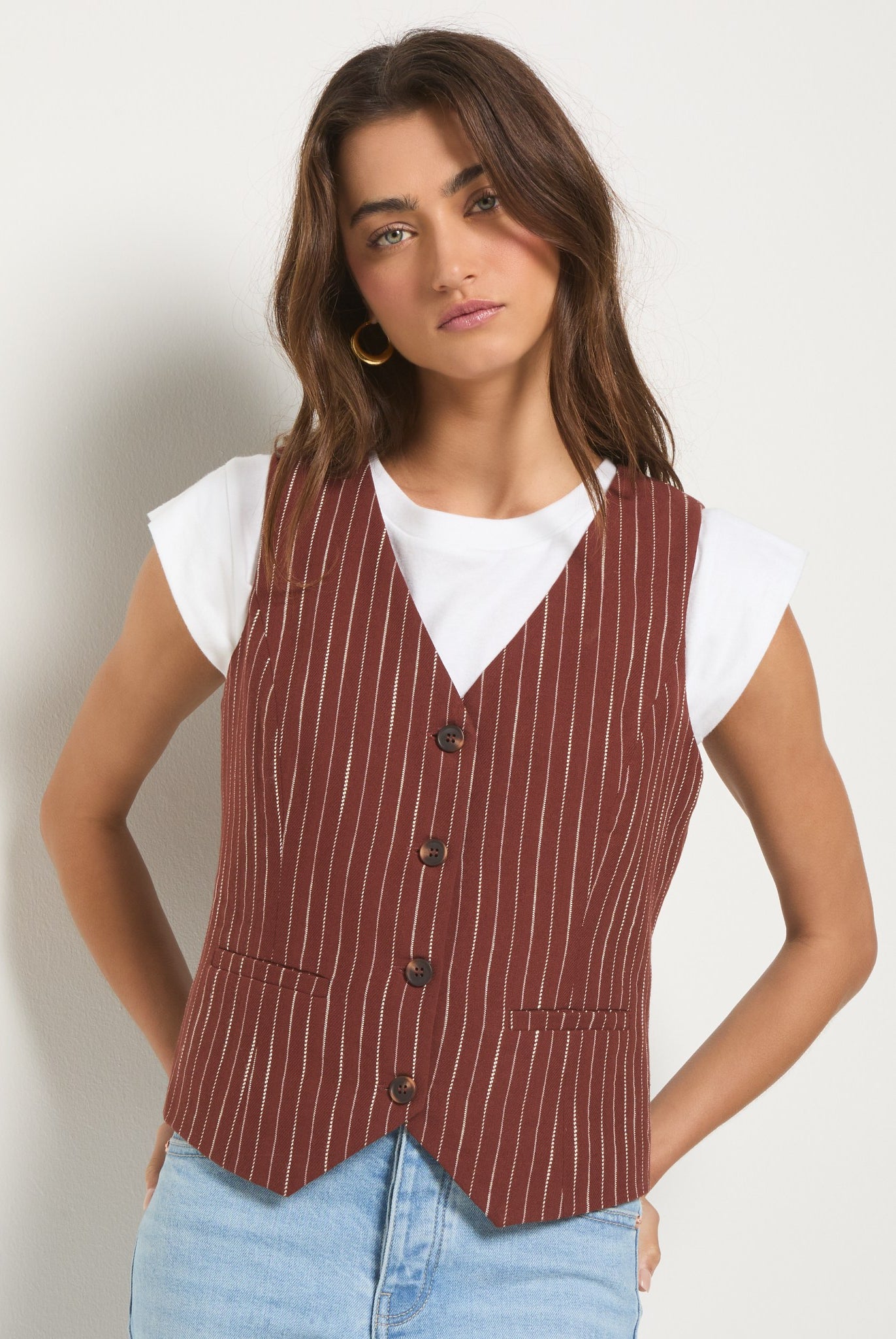 Cinnamon Stripe $|& SEAS Canyon Linen Blend Vest - SOF Full Front
