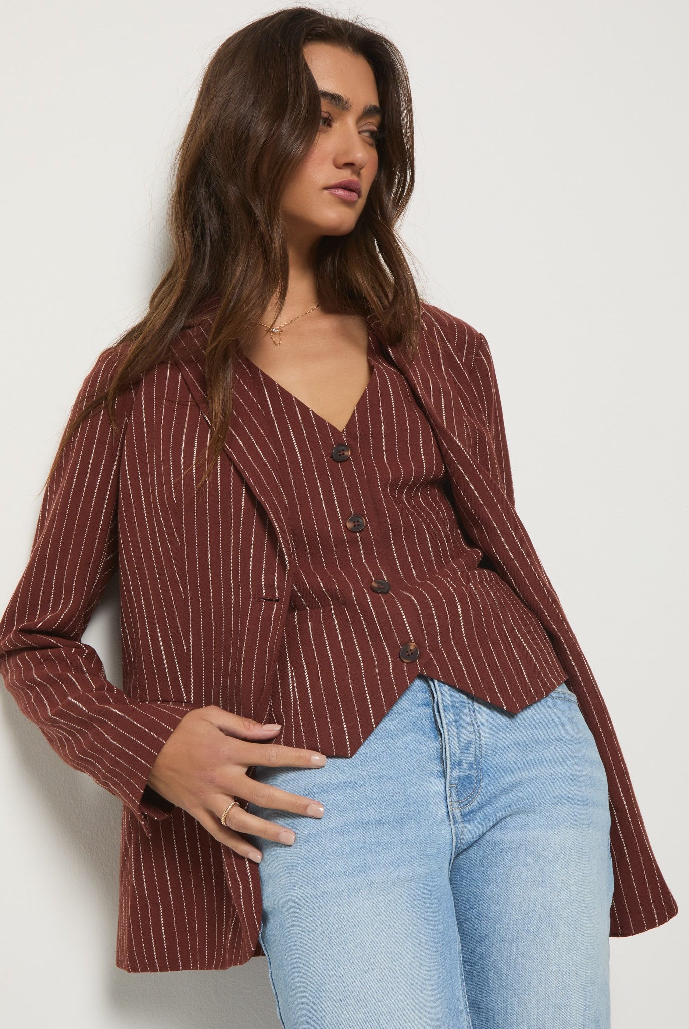 Cinnamon Stripe $|& SEAS Canyon Linen Blend Vest - VOF Front