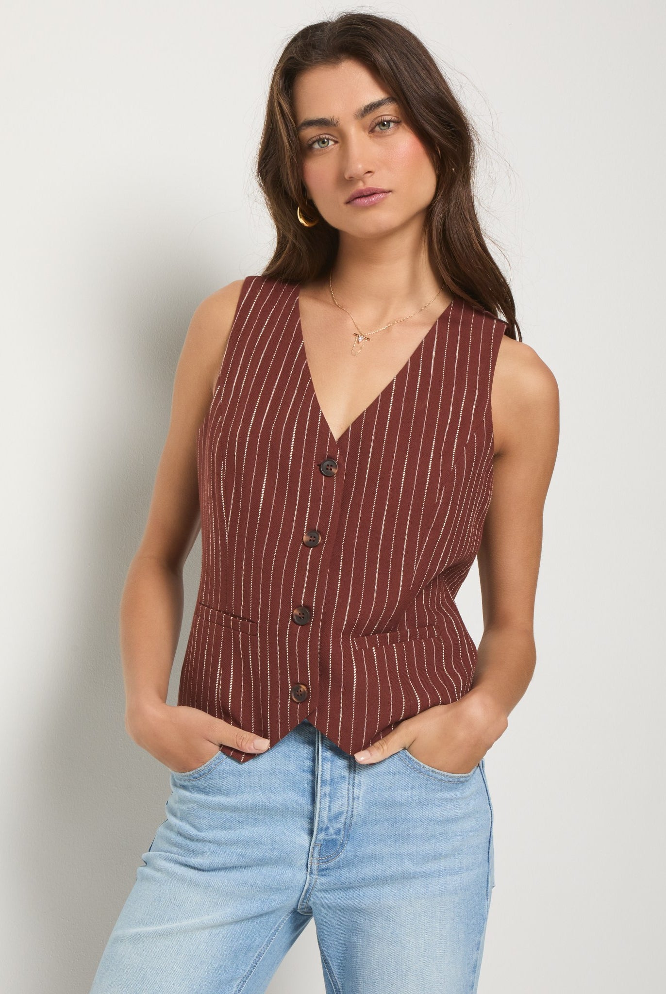 Cinnamon Stripe $|& SEAS Canyon Linen Blend Vest - SOF Front