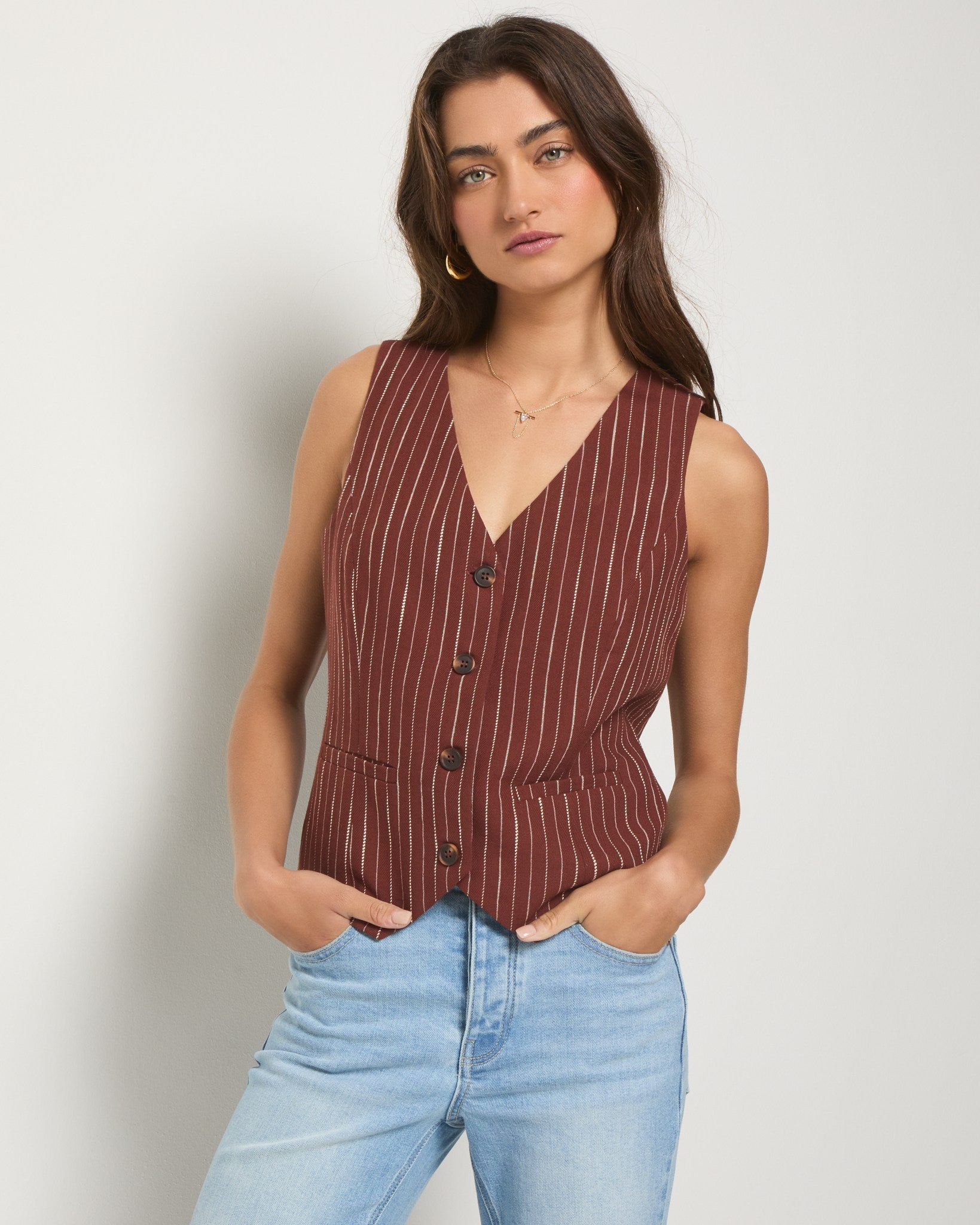 Cinnamon Stripe $|& SEAS Canyon Linen Blend Vest - SOF Front