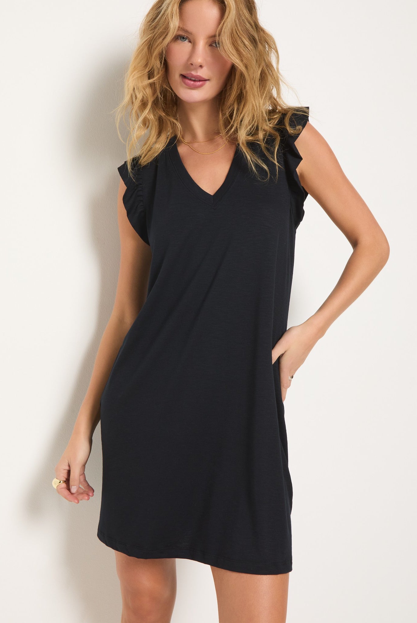 Black $|& SEAS Bliss Ruffle Sleeve Short Dress - SOF Front