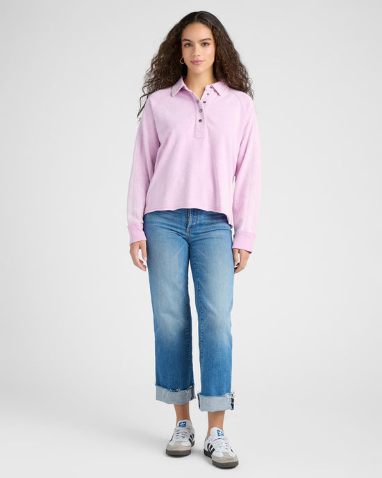 Lavender Pink $|& Mystree Button Up Collared Terry Top - SOF Full Front