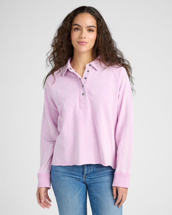 Lavender Pink $|& Mystree Button Up Collared Terry Top - SOF Front