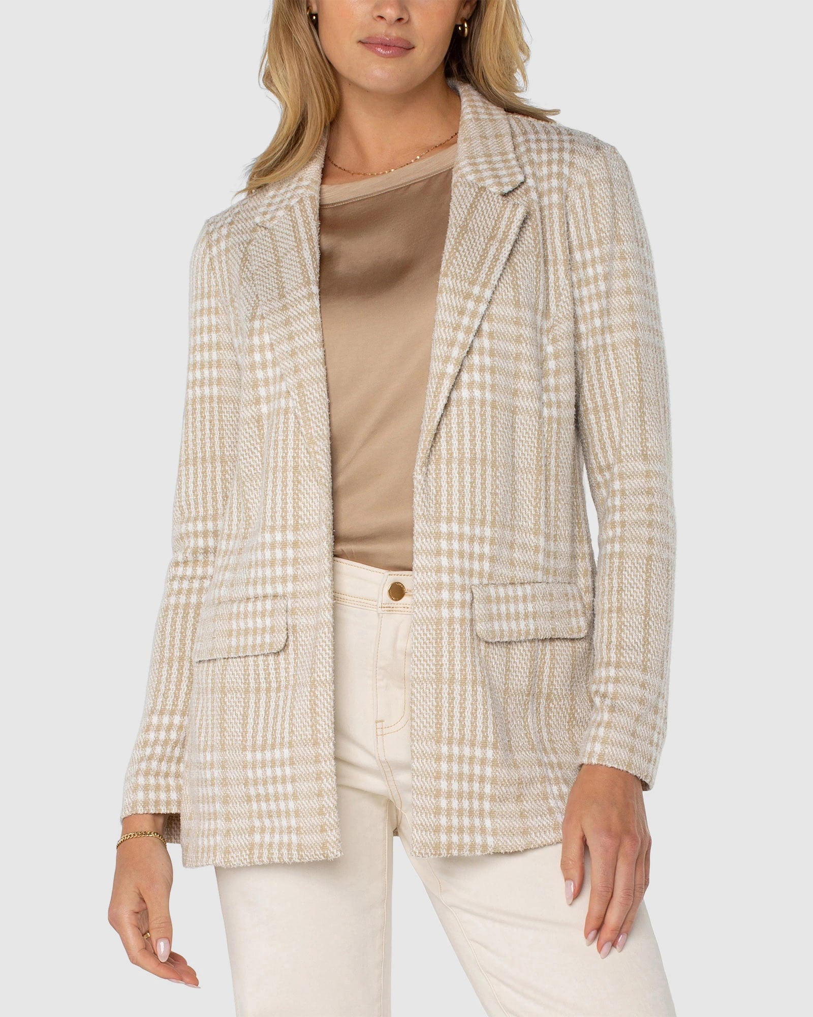 Cream Tan Plaid $|& Liverpool Boyfriend Blazer - VOF Detail