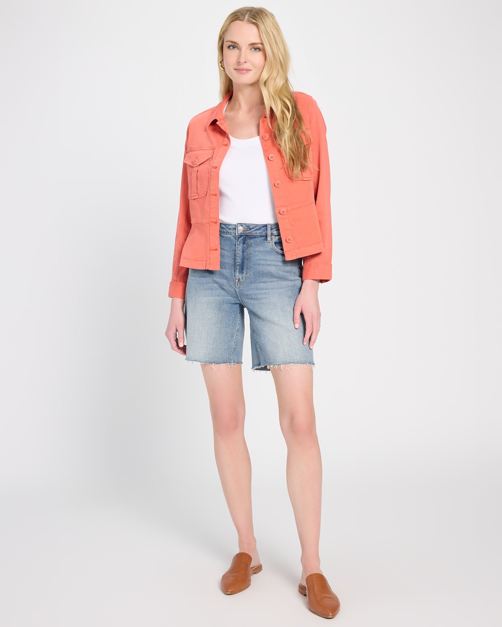 Papaya $|& Liverpool Peplum Hem Trucker Jacket - Hanger Side