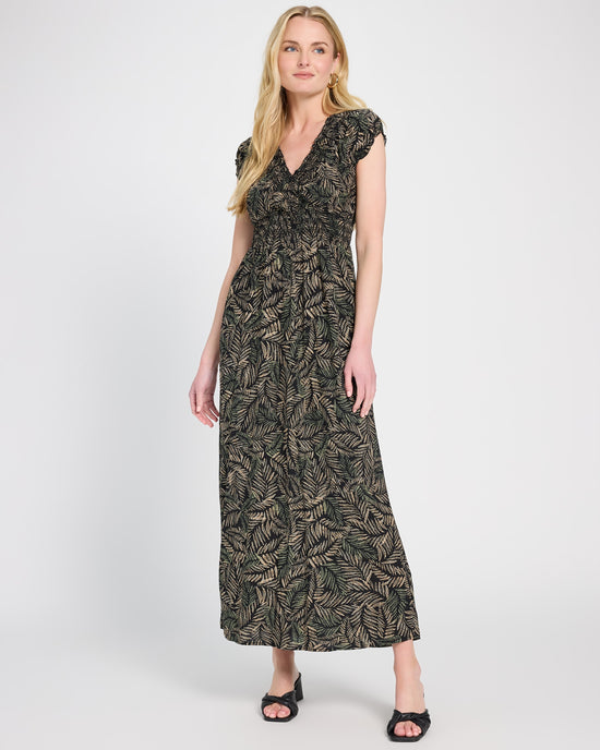 Khaki $|& Apricot Rustic Leaves Smocked Maxi Dress - SOF Front