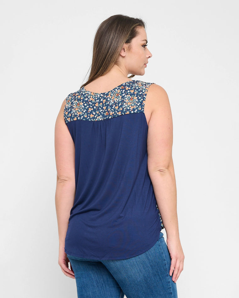 Teal/Yellow Daisy $|& West Kei Sleeveless Floral Woven/Knit Wrap Top - Hanger Side