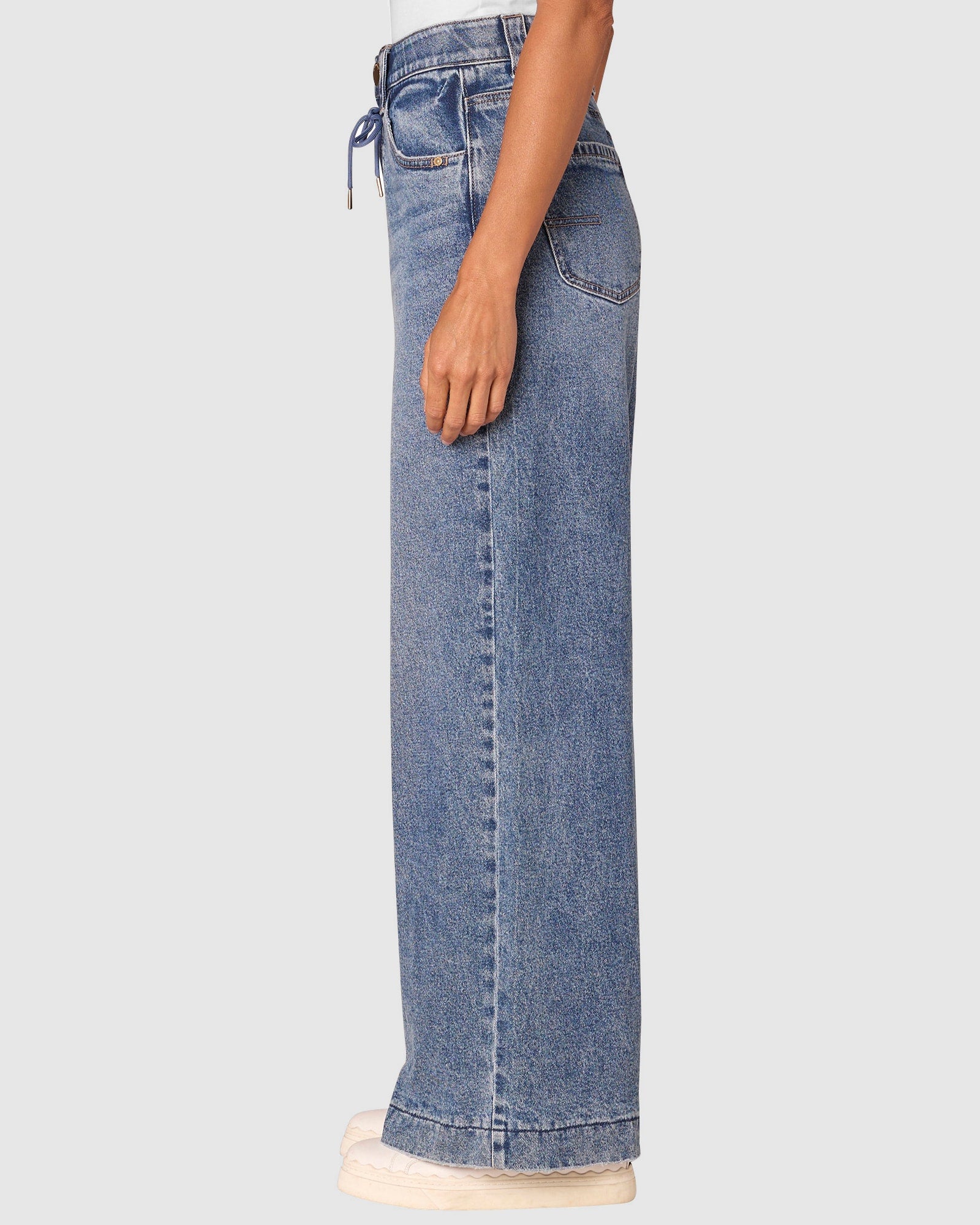 Mid Blue $|& Democracy Absolution Skyrise Wide Leg Jeans With Drawstring - Hanger Front