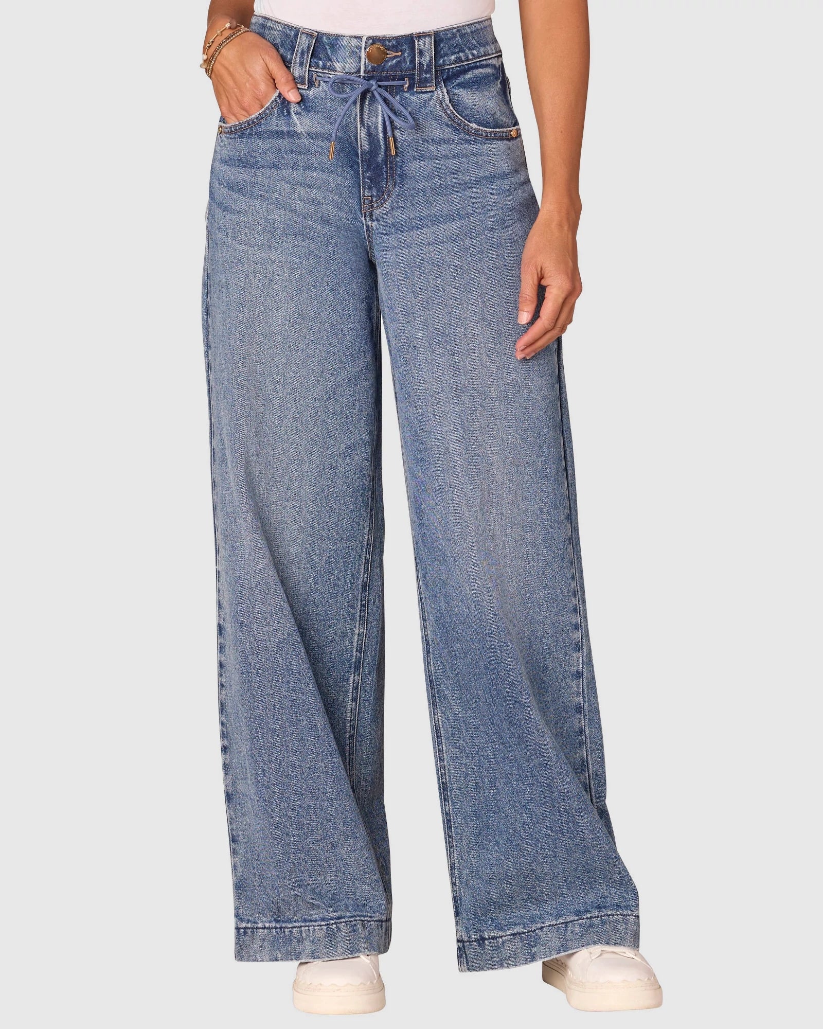 Mid Blue $|& Democracy Absolution Skyrise Wide Leg Jeans With Drawstring - VOF Detail