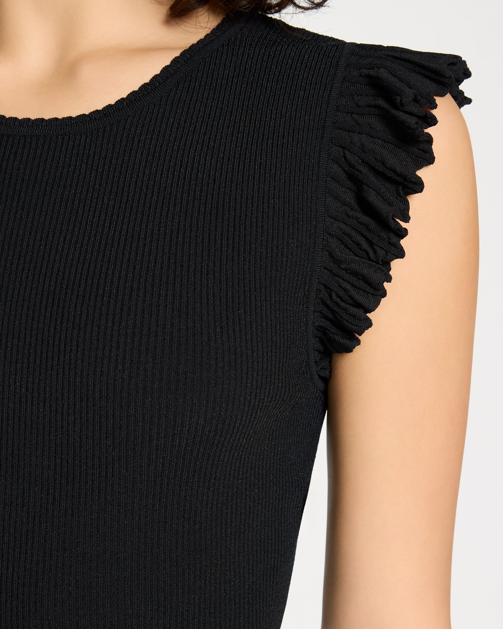 Black $|& Skies Are Blue Ruffle Sleeveless Ribbed Crew Neck Top - SOF Full Front