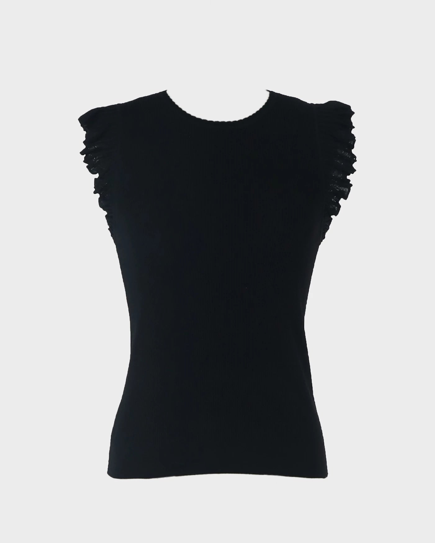 Black $|& Skies Are Blue Ruffle Sleeveless Ribbed Crew Neck Top - VOF Detail