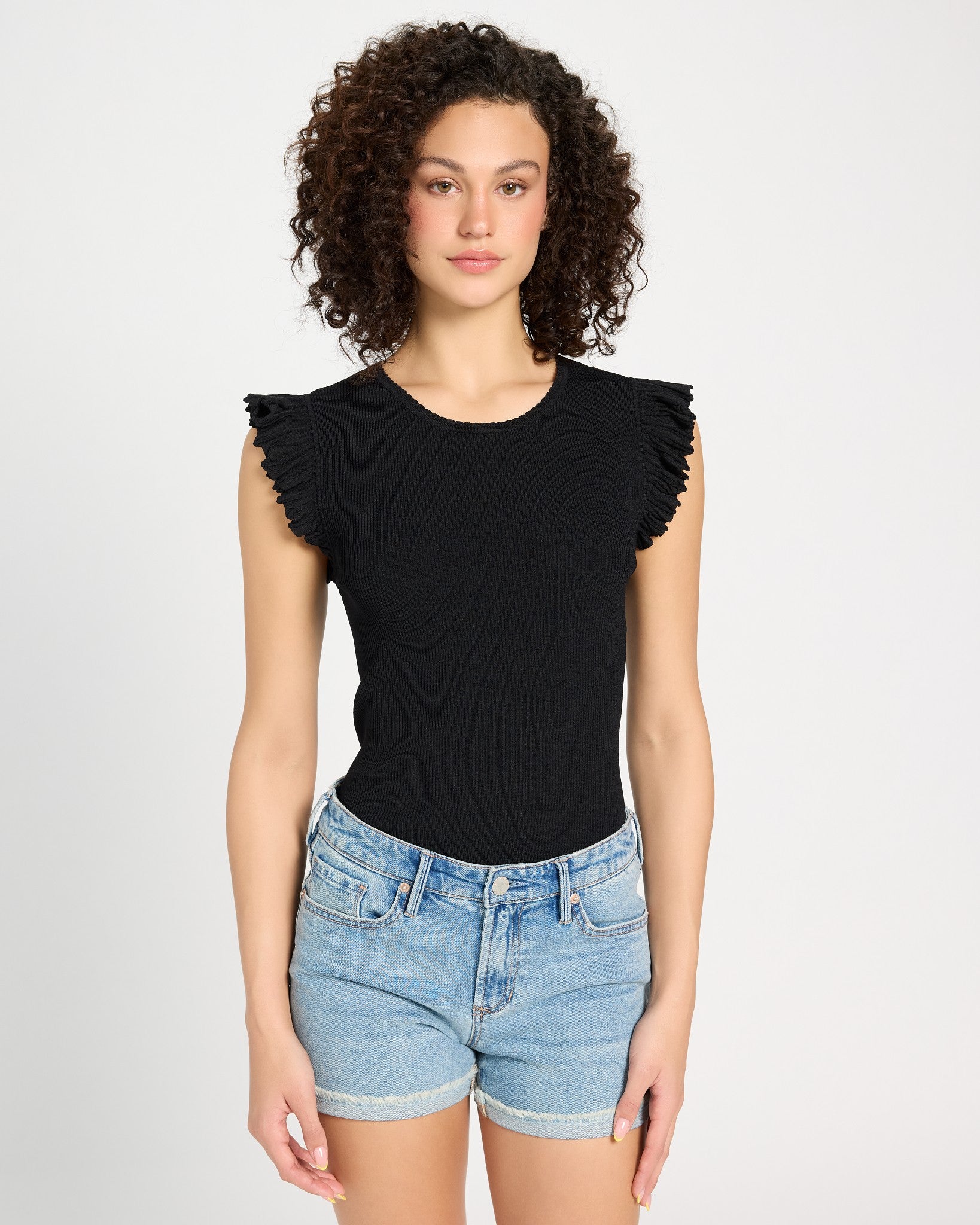 Black $|& Skies Are Blue Ruffle Sleeveless Ribbed Crew Neck Top - SOF Front
