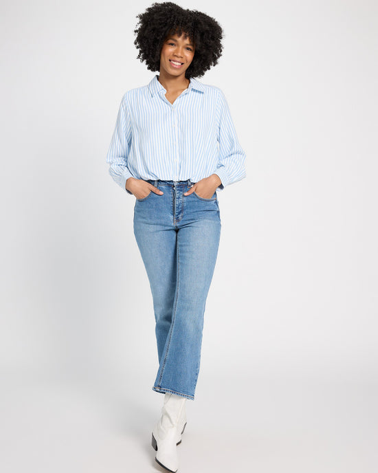 Blue-White $|& Skies Are Blue Long Sleeve Striped Button Front Cinched Top - UGC On Fig
