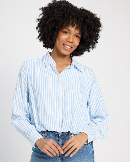Blue-White $|& Skies Are Blue Long Sleeve Striped Button Front Cinched Top - SOF Front