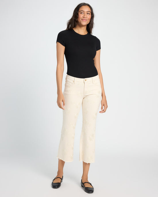 Ecru Abstract Floral White $|& Liverpool Hannah Cropped Embroidered Flare Leg Jeans - UGC On Fig