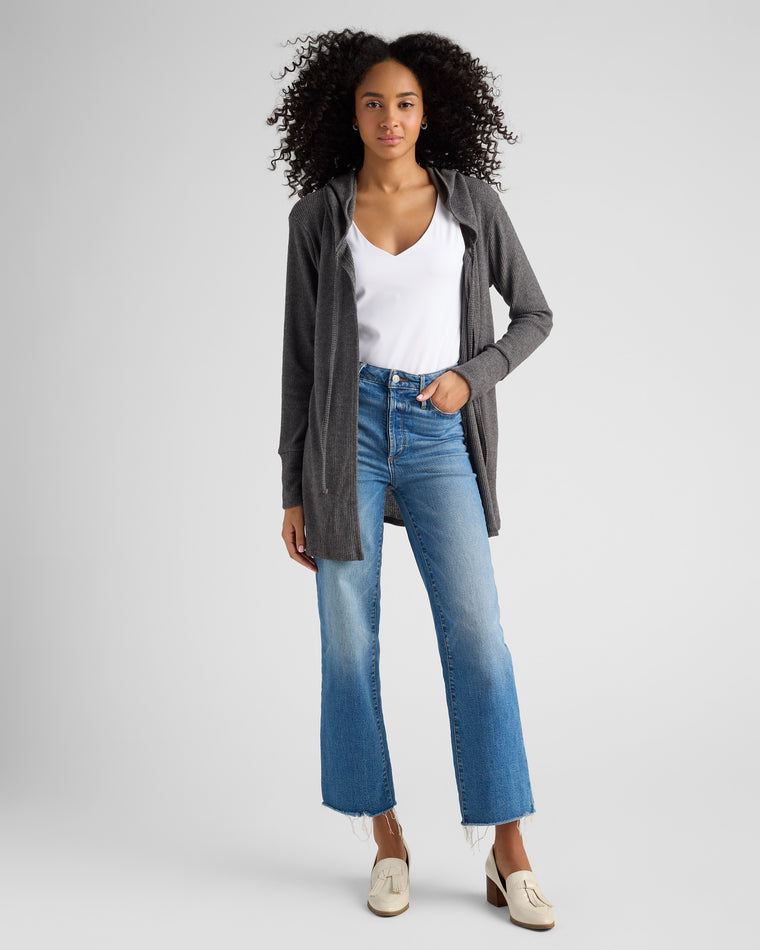 Charcoal $|& Loveappella Hooded Cardigan with Tie Front - SOF Full Front