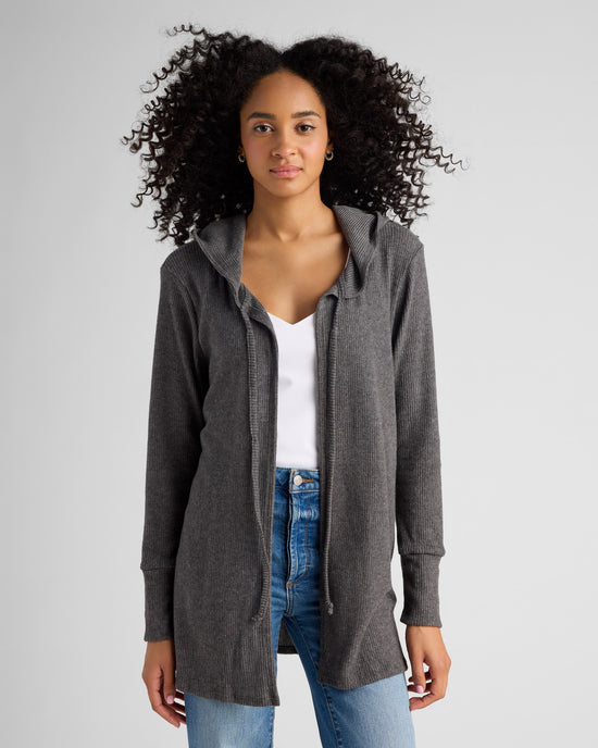 Charcoal $|& Loveappella Hooded Cardigan with Tie Front - SOF Front
