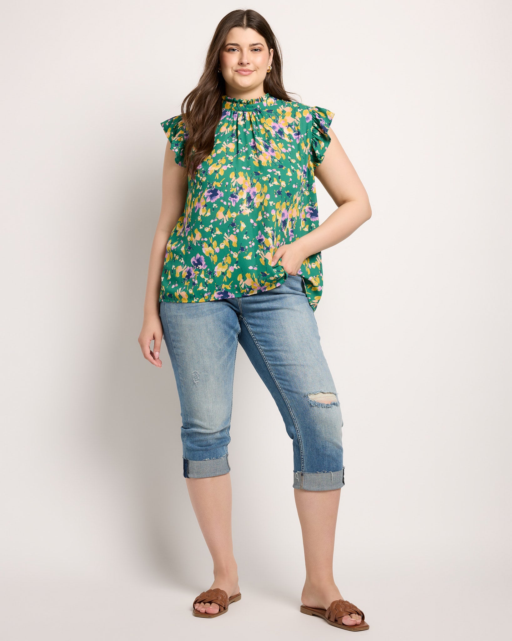 Green $|& VOY Los Angeles Floral Ruffle Sleeve Neck Tie Top - UGC On Fig