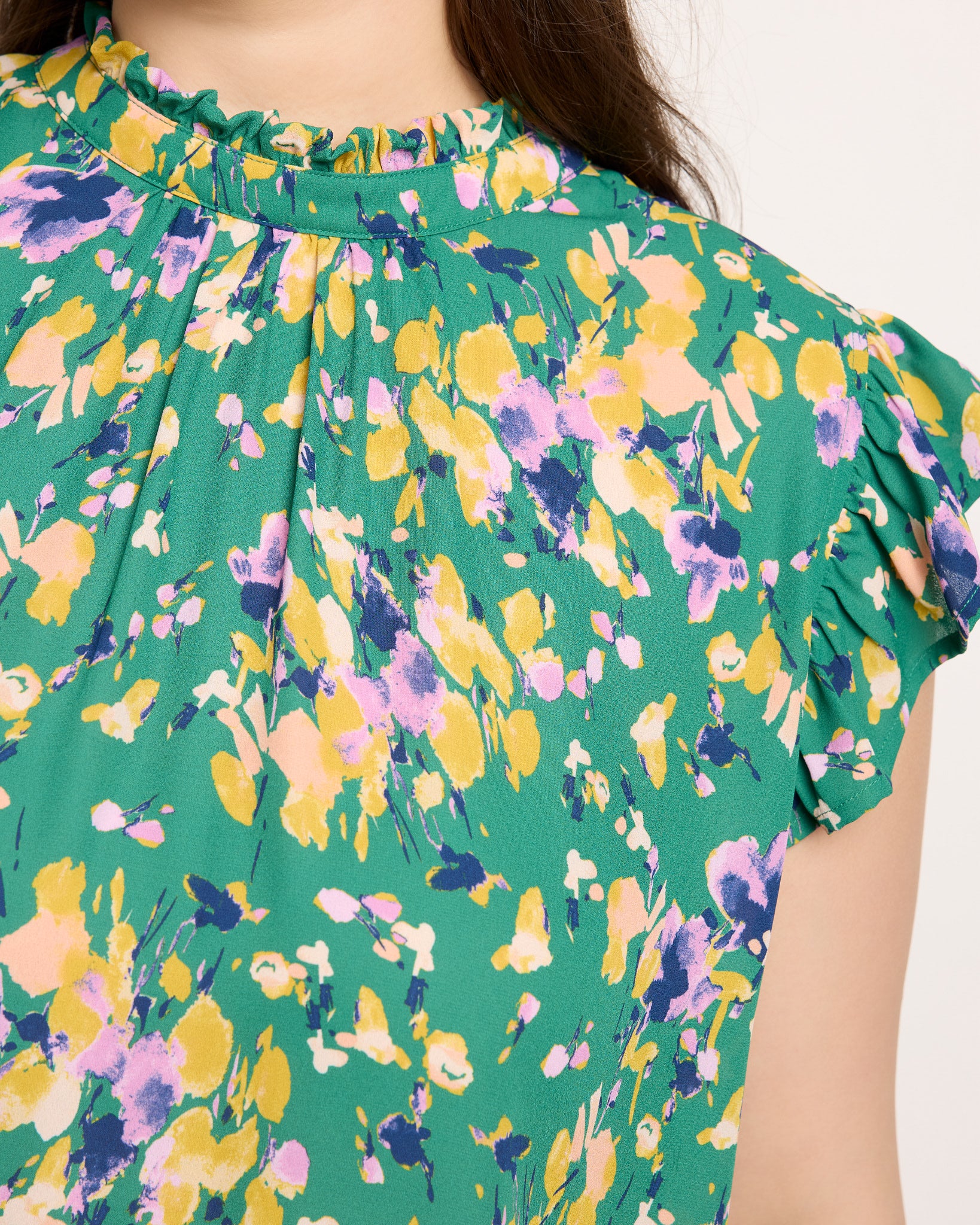 Green $|& VOY Los Angeles Floral Ruffle Sleeve Neck Tie Top - SOF Full Front