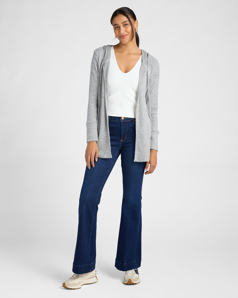 Heather Grey $|& Loveappella Hooded Cardigan with Tie Front - SOF Full Front