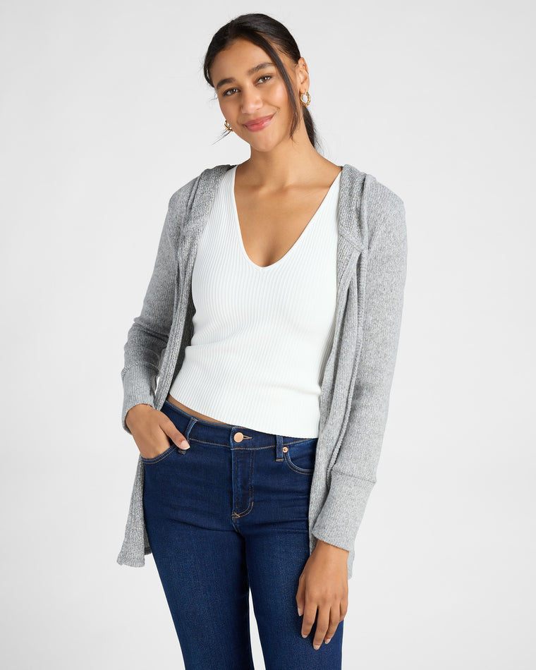 Heather Grey $|& Loveappella Hooded Cardigan with Tie Front - SOF Front