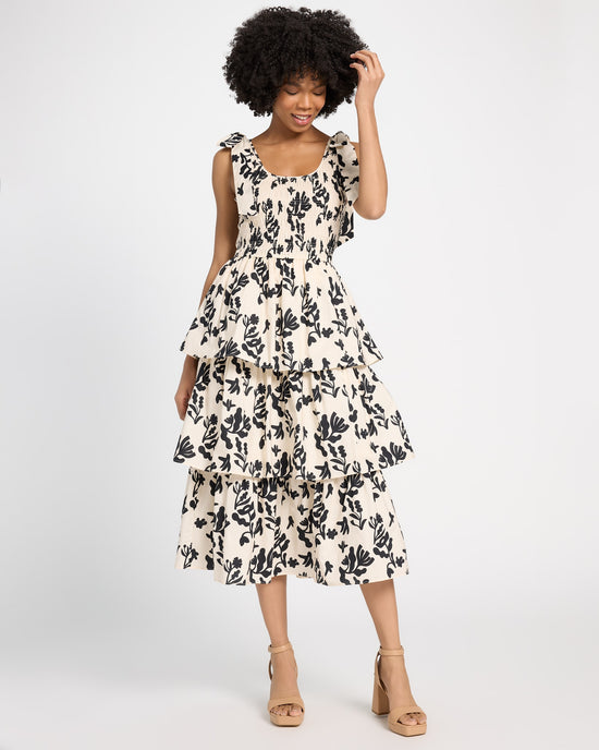Ivory/Black $|& Skies Are Blue Poplin Tiered Midi Dress with Smocking - SOF Front