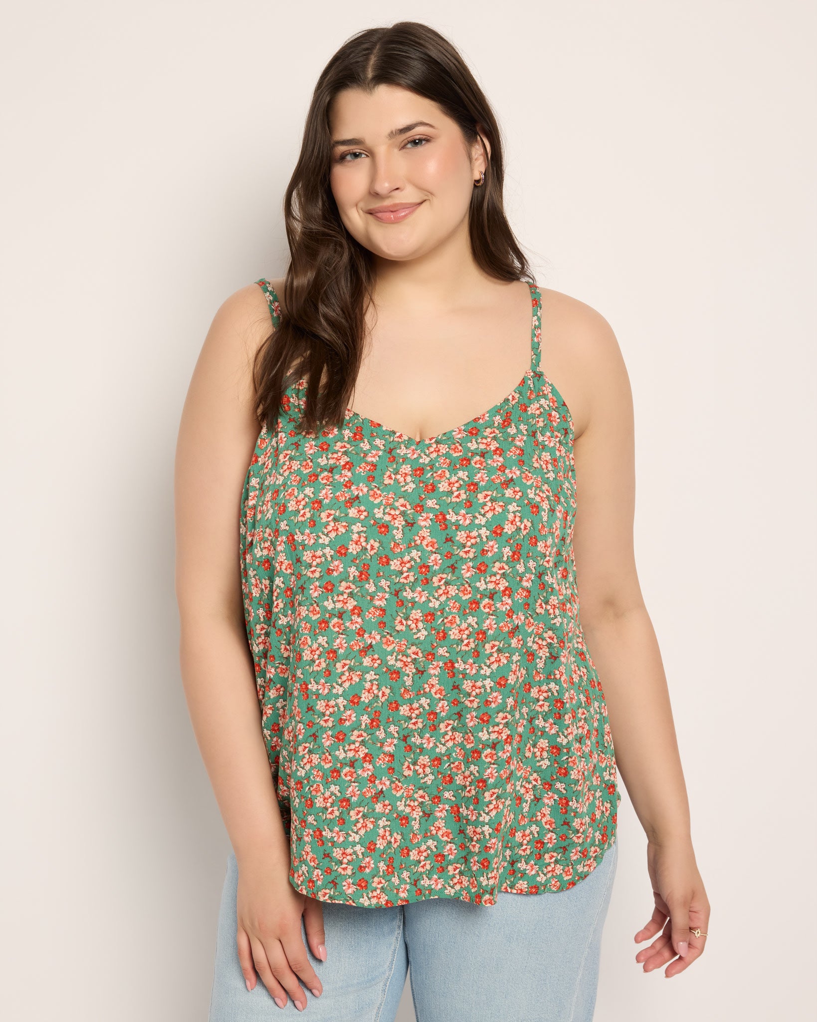 Green/Coral $|& Skies Are Blue Back Strap Floral Cami Top - SOF Front